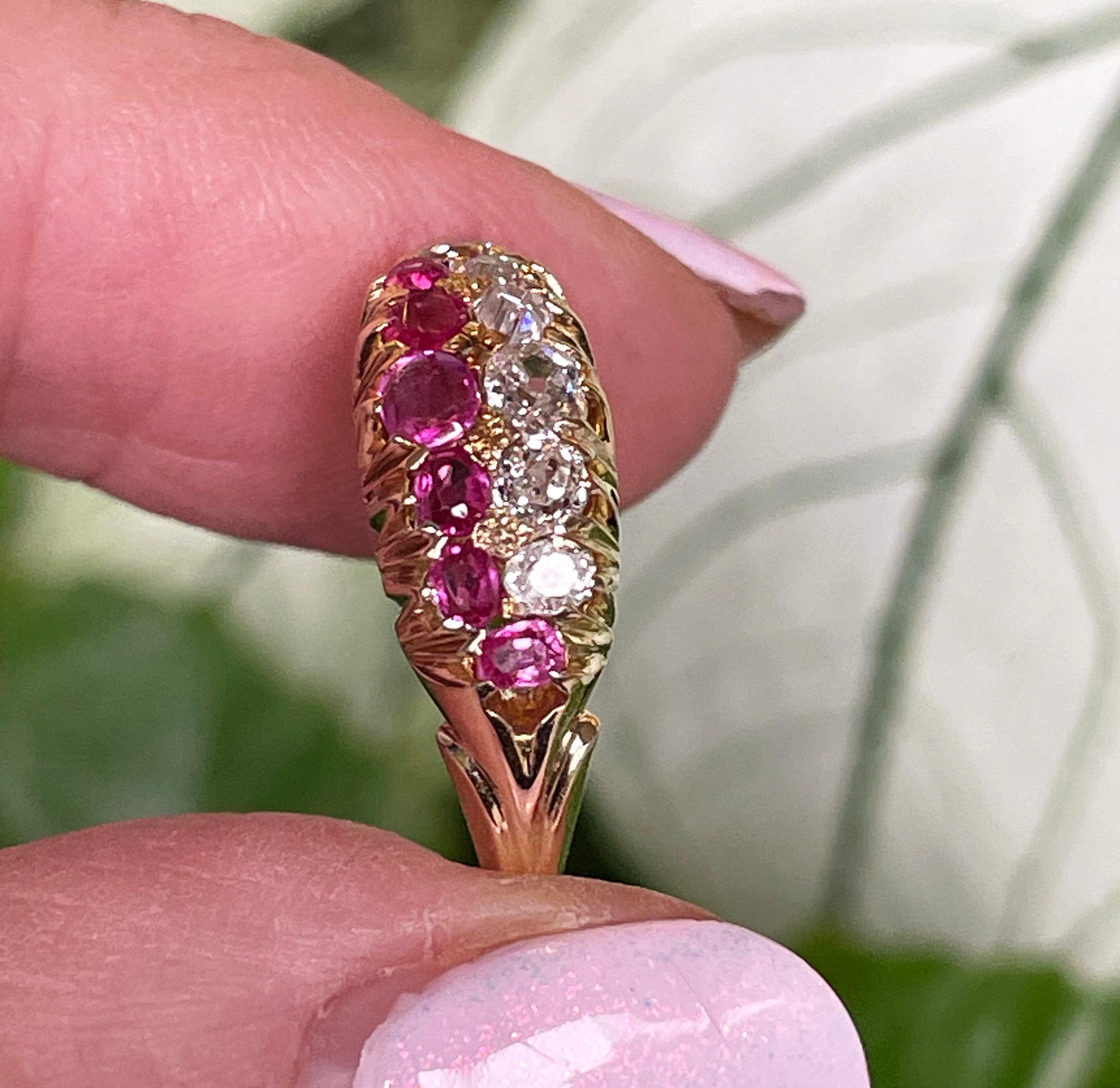 Victorian GIA No-Heat Burmese Pink Sapphires & Old Mine Diamond 16KY Gold  Ring For Sale 15