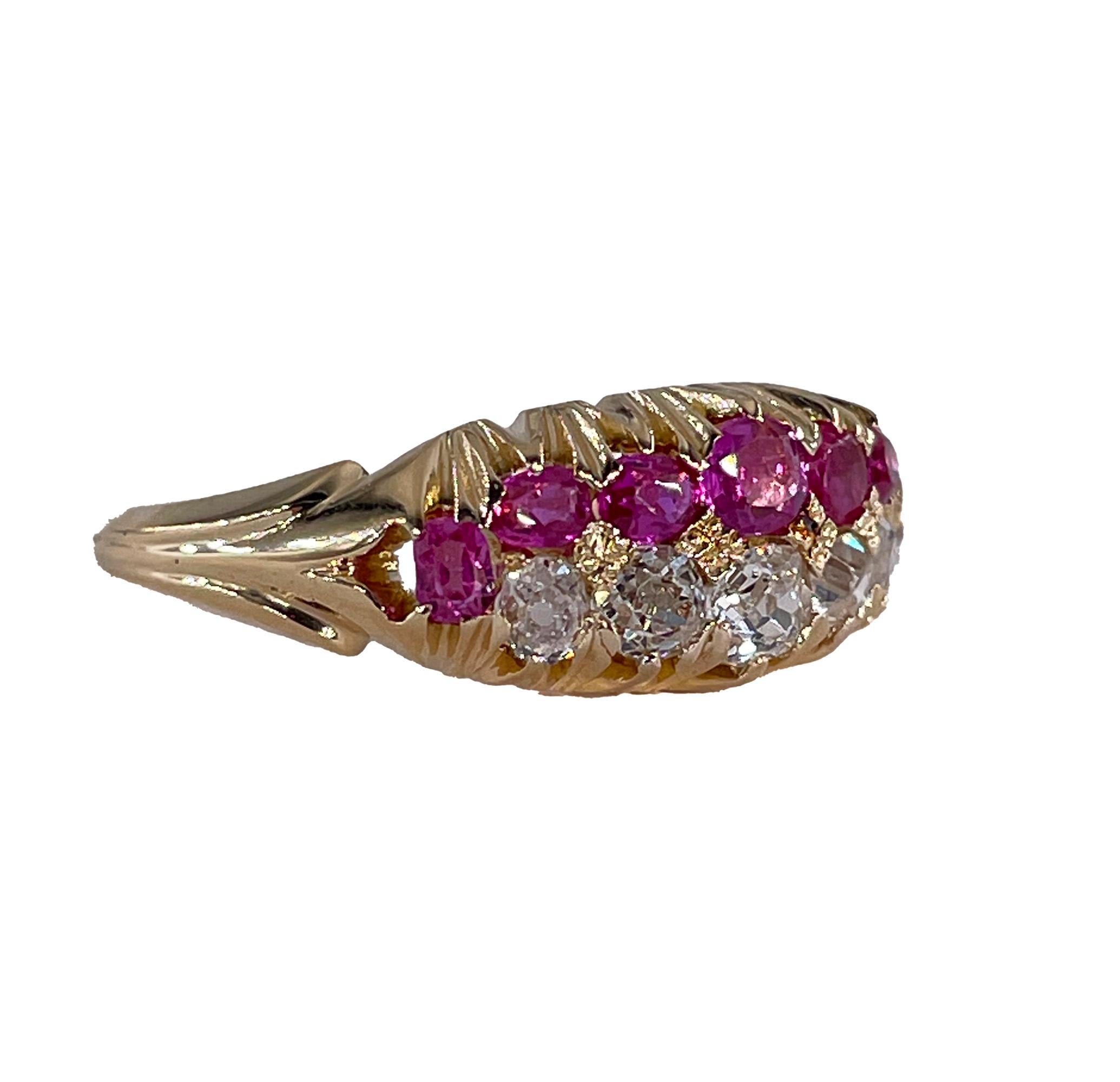 Old Mine Cut Victorian GIA No-Heat Burmese Pink Sapphires & Old Mine Diamond 16KY Gold  Ring For Sale
