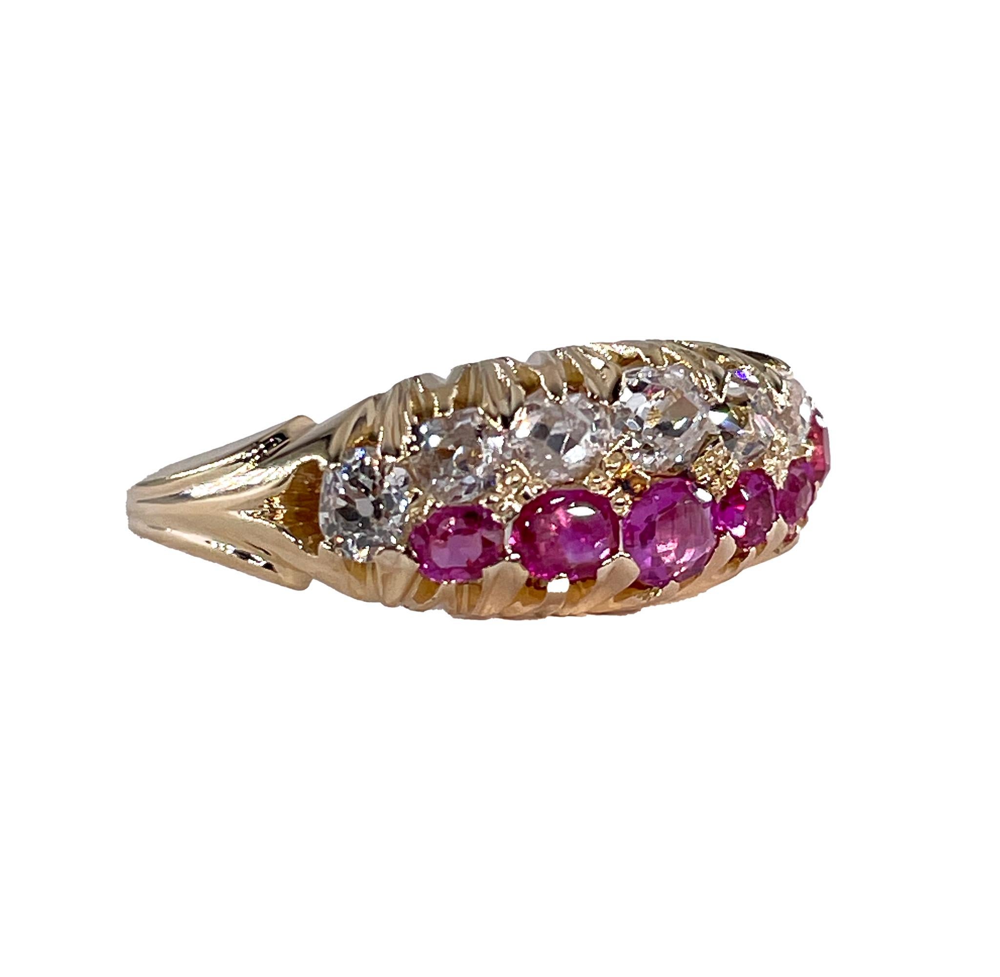 Victorian GIA No-Heat Burmese Pink Sapphires & Old Mine Diamond 16KY Gold  Ring In Good Condition For Sale In New York, NY