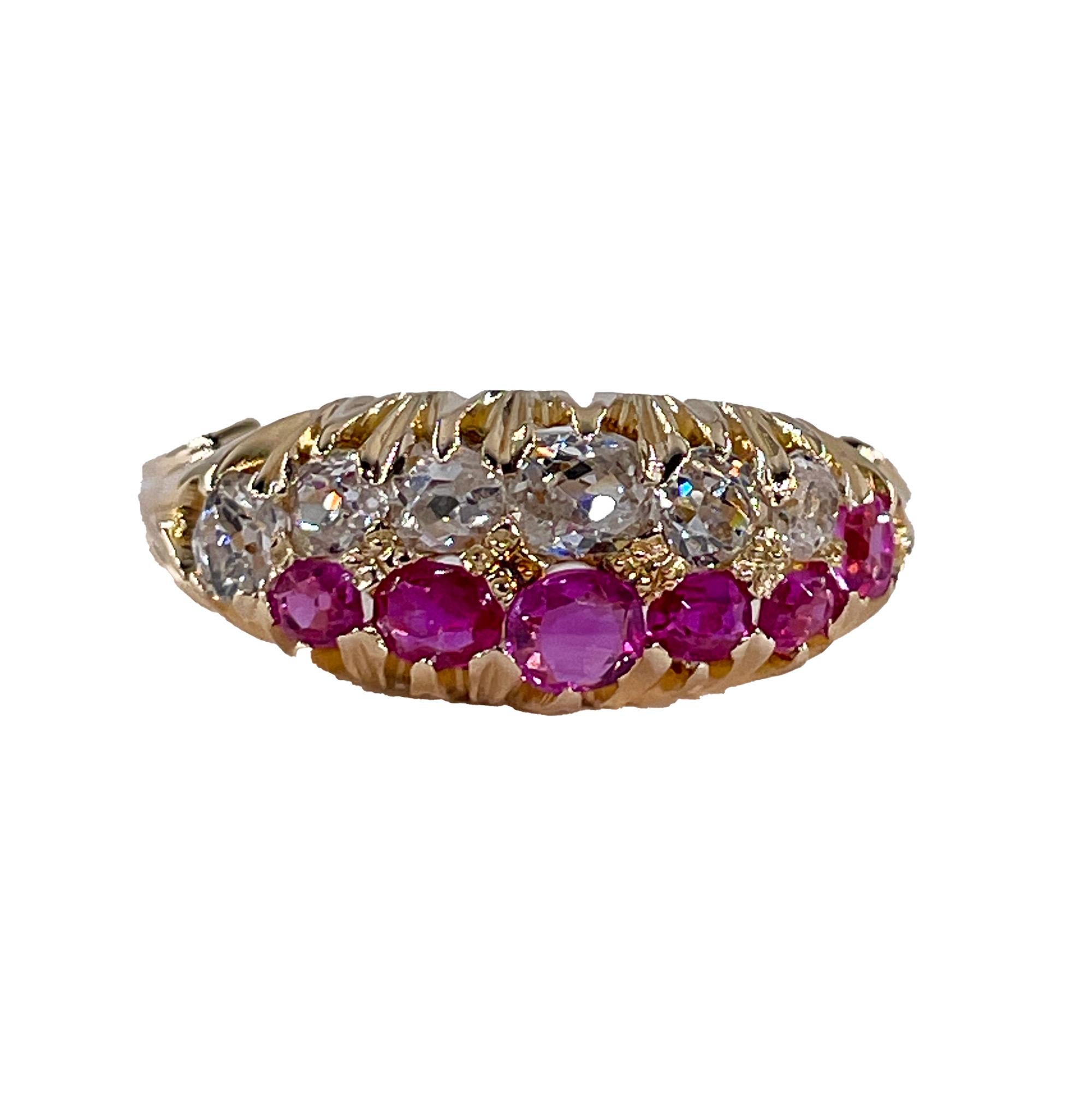 Victorian GIA No-Heat Burmese Pink Sapphires & Old Mine Diamond 16KY Gold  Ring For Sale 2