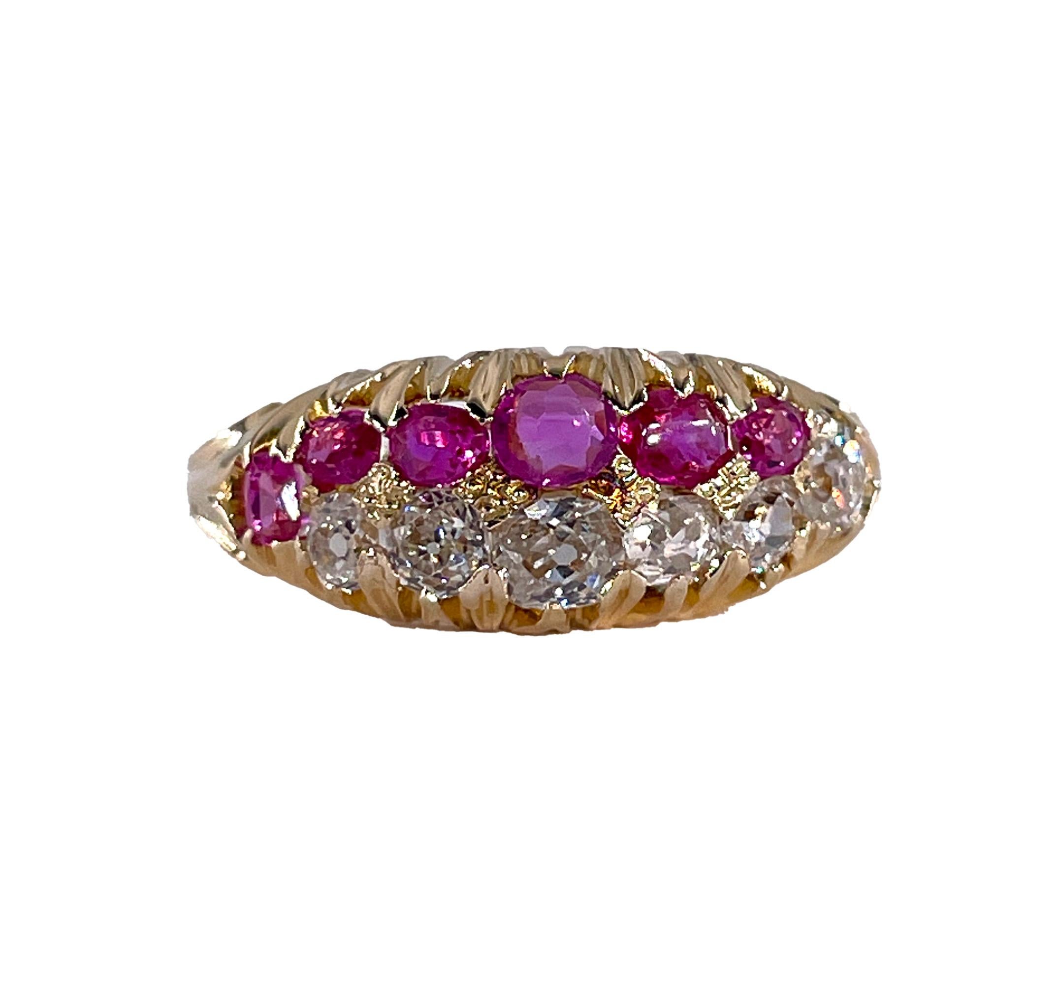 Victorian GIA No-Heat Burmese Pink Sapphires & Old Mine Diamond 16KY Gold  Ring For Sale 3