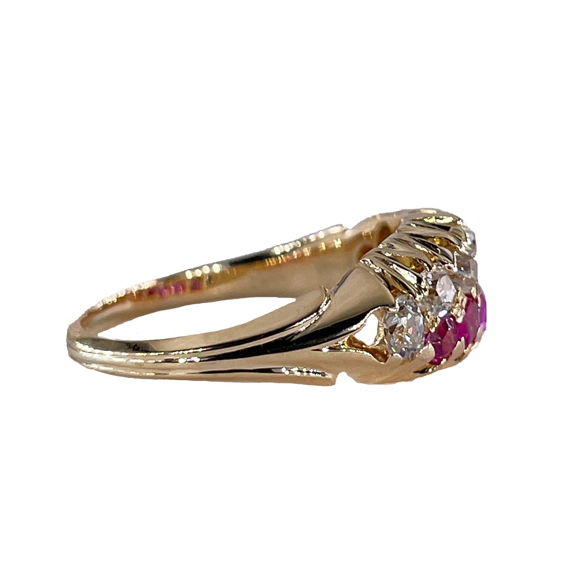 Victorian GIA No-Heat Burmese Pink Sapphires & Old Mine Diamond 16KY Gold  Ring For Sale 4