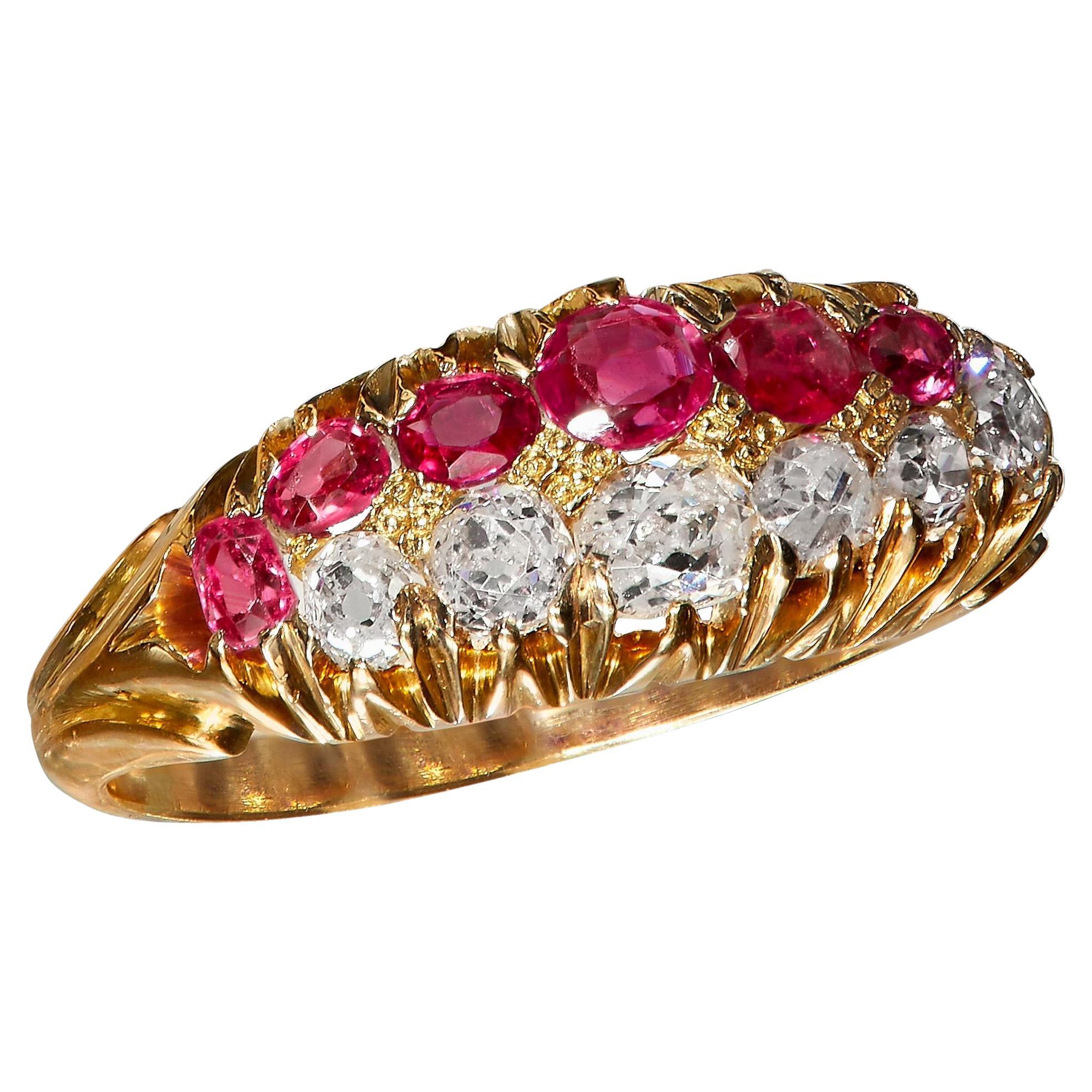 Or 16 carats victorien, saphirs roses birmans non chauffés et diamants taille vieille mine certifiés GIA  Bague en vente