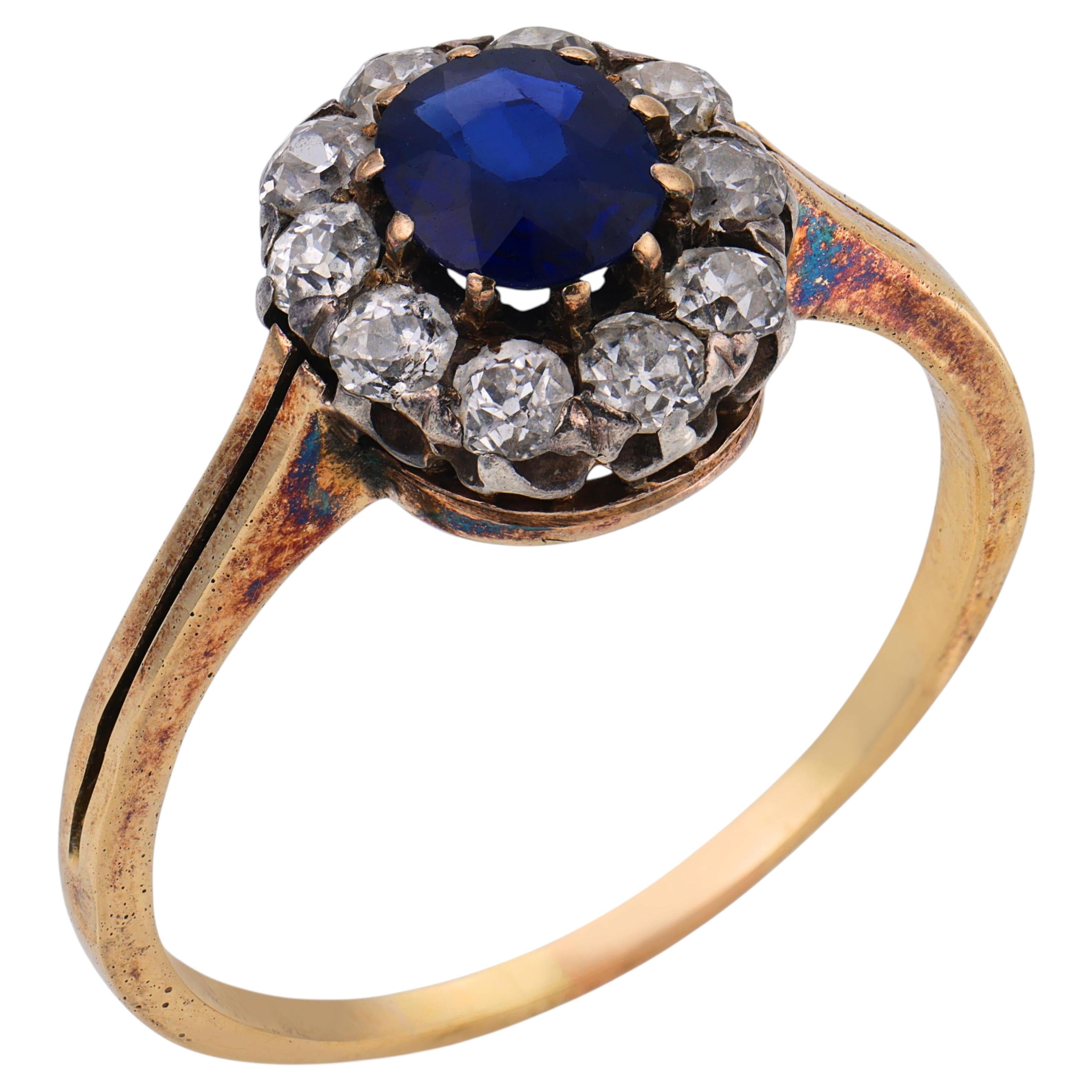 Victorian GIA no heat sapphire diamond 14k yellow gold and silver ring