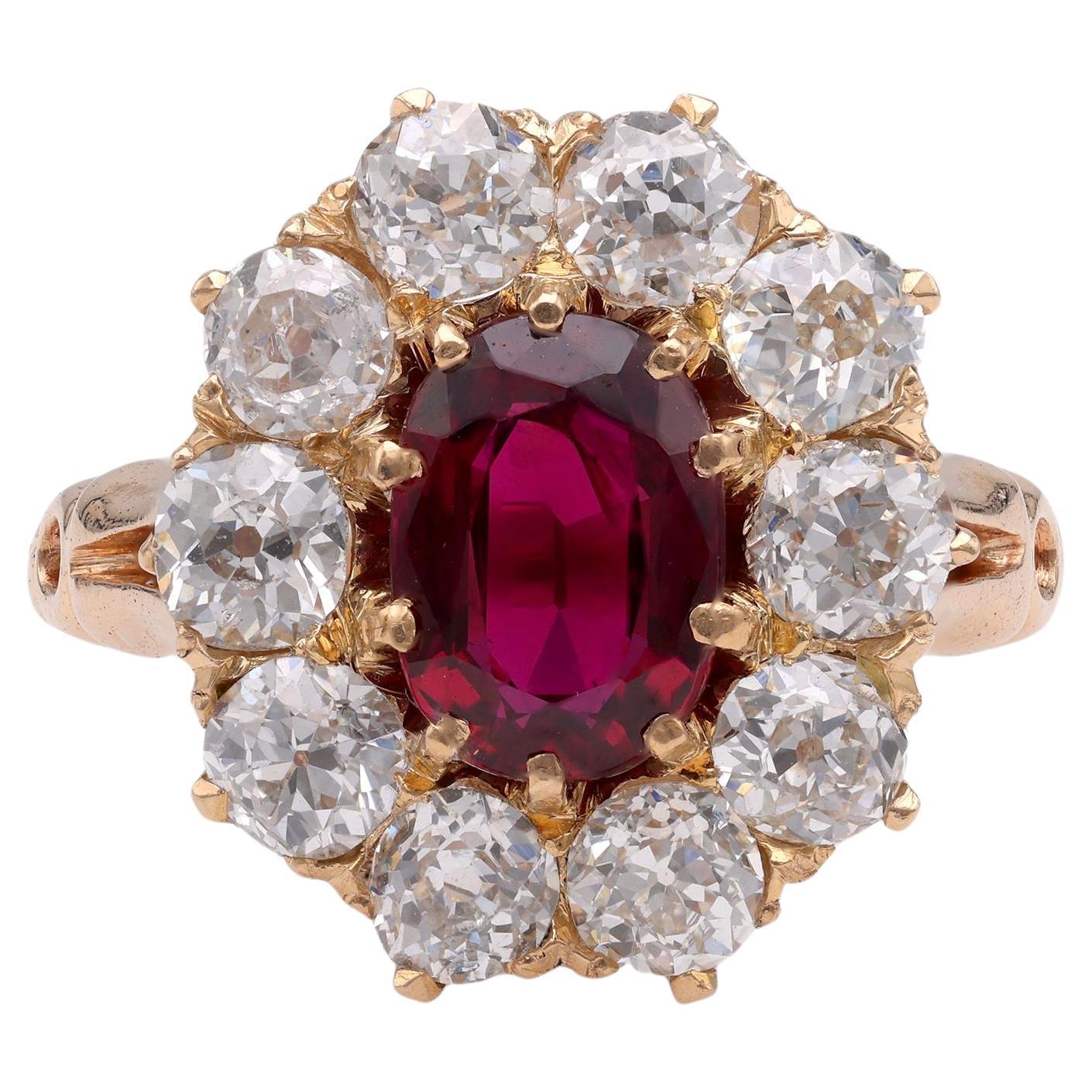 Viktorianischer GIA Rubin-Diamant-Gelbgold-Cluster-Ring
