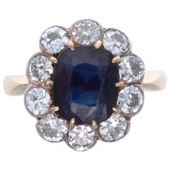 Antique Victorian GIA Sapphire Diamond 14 Karat Gold Cluster Ring