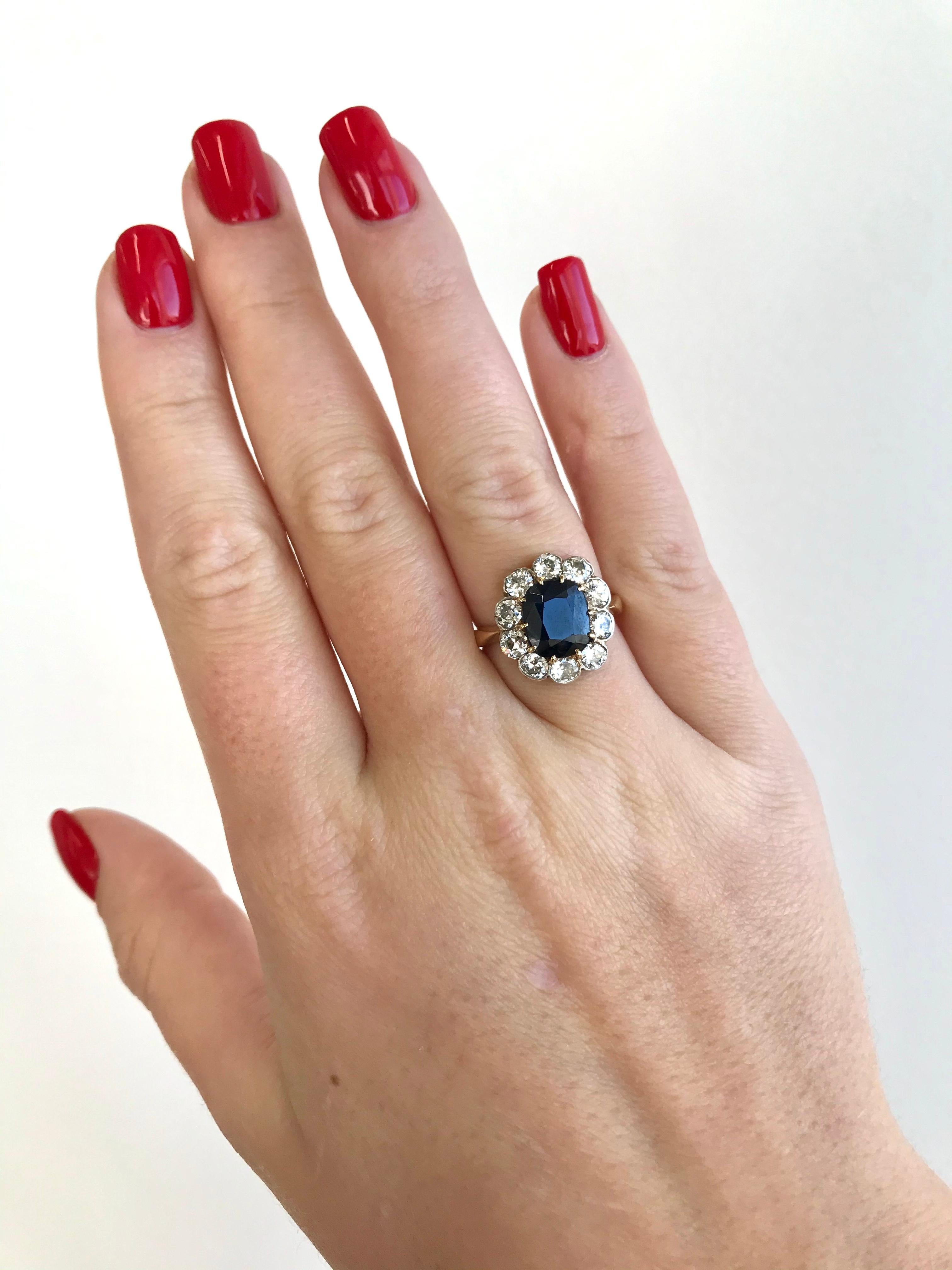 Women's Victorian GIA Sapphire Diamond 14 Karat Gold Cluster Ring