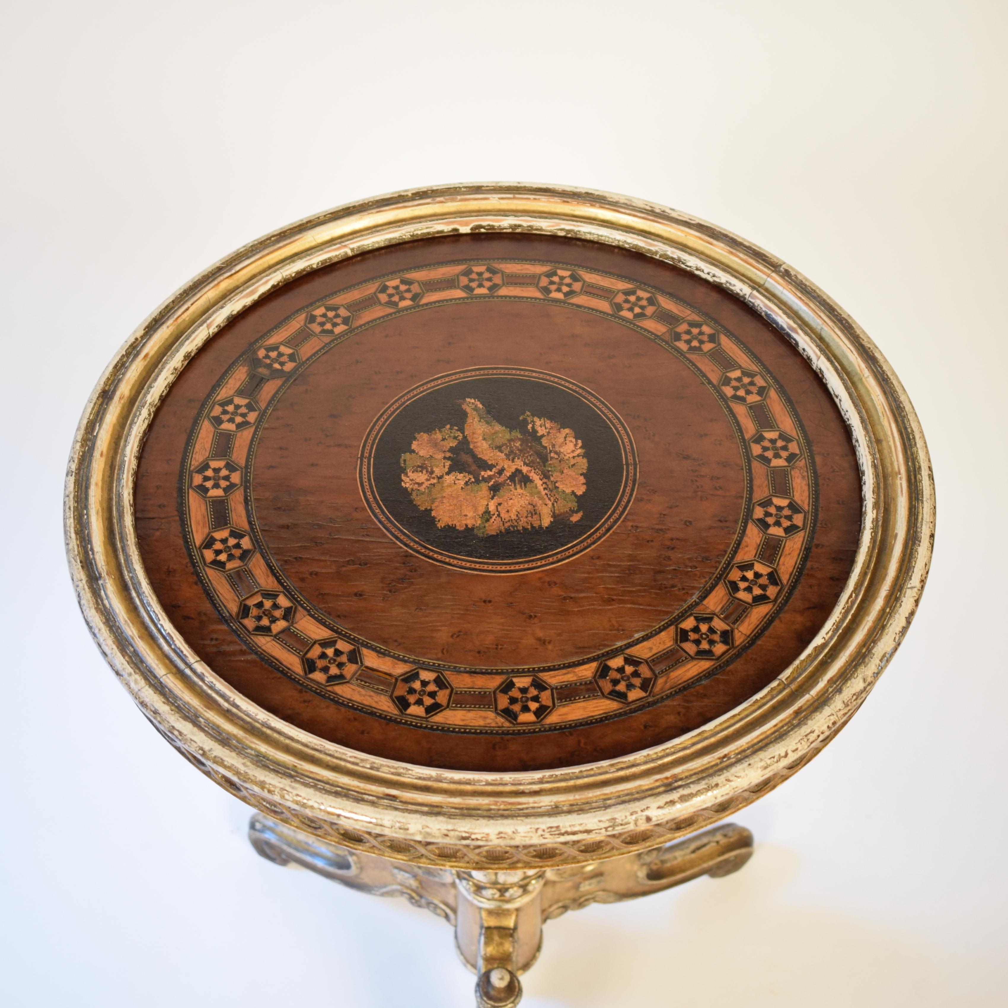 Beech Victorian Gilded and Marquetry Round and Turned Side Table, circa 1870