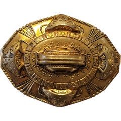 Victorian Gilded Brass Mourning Brooch with Engraved Shield Motif, c. 1880