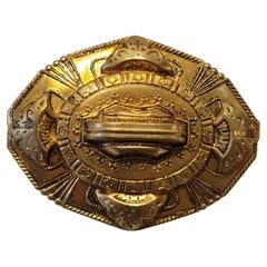 Victorian Gilded Brass Mourning Brooch with Engraved Shield Motif, c. 1880