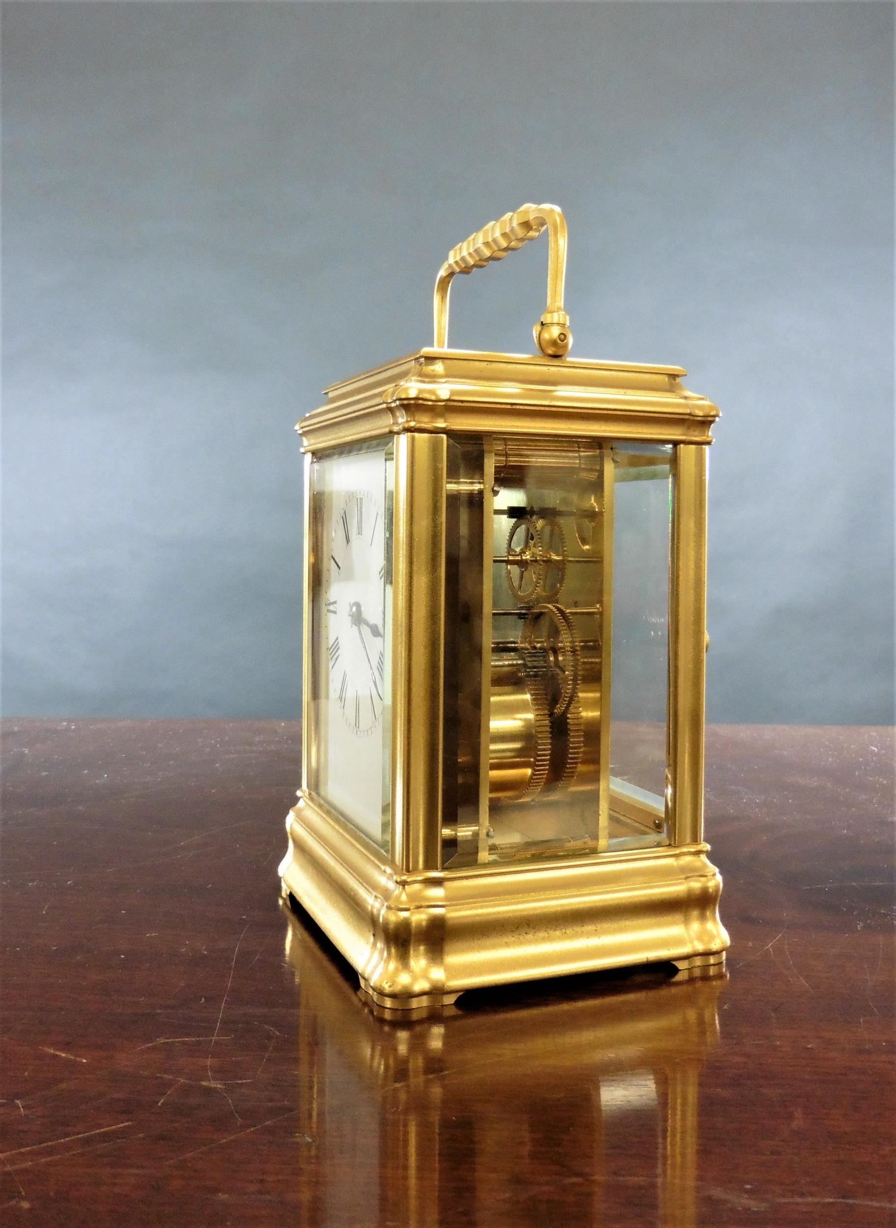 Victorian Gorge case carriage clock.



Victorian carriage clock in a finely gilded gorge case, standing on a raised base with pad feet. Bevelled glasses to all panels and surmounted by an ornate carrying handle.

Enamel dial with Roman