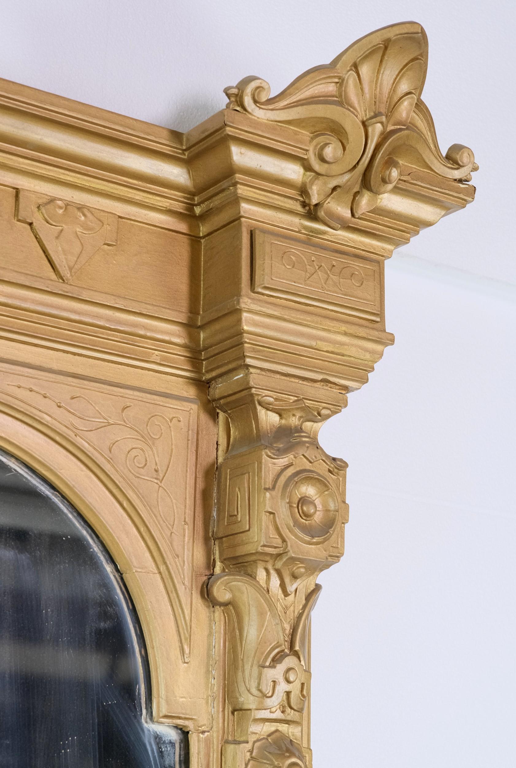 Viktorianischen vergoldeten geschnitzten Holz über Mantel Spiegel Figural & Floral Details 94 In.  (amerikanisch)