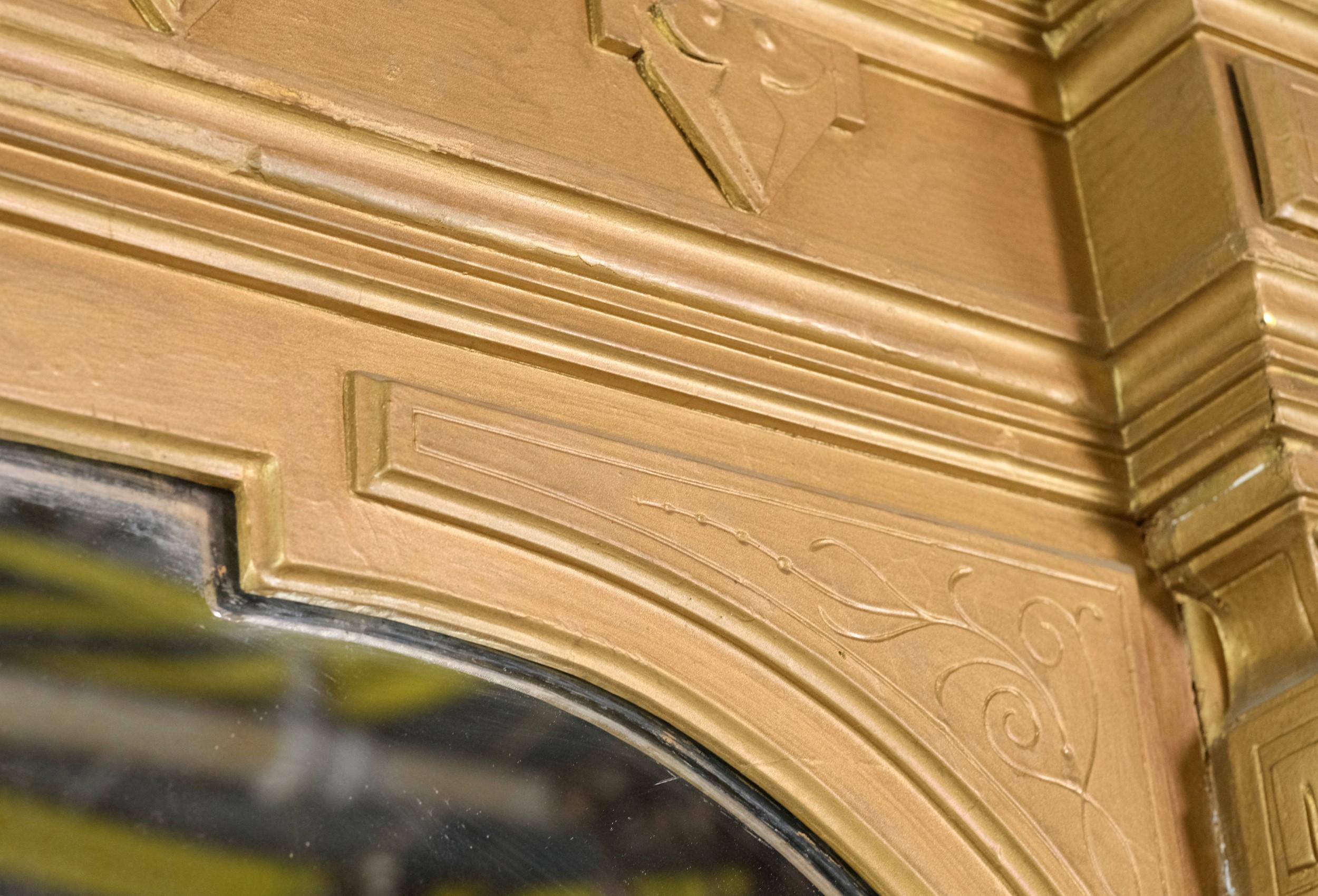 Viktorianischen vergoldeten geschnitzten Holz über Mantel Spiegel Figural & Floral Details 94 In.  2