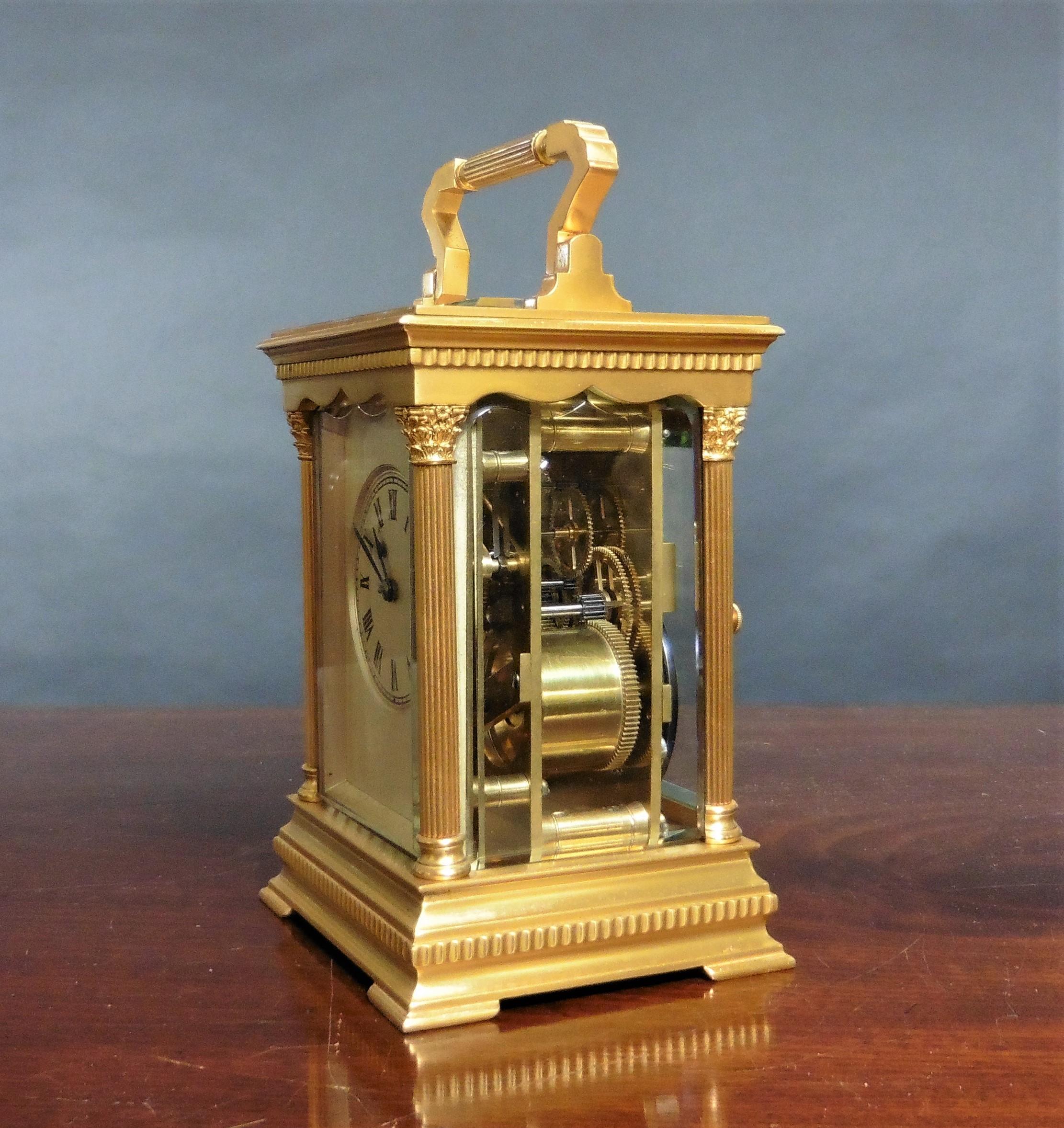 Victorian gilded striking carriage clock



Victorian carriage clock in a fine gilded case standing on a raised base with dentil moulding and resting on outswept pad feet, reeded pillars with Corinthian capitals below a shaped canopy with dentil