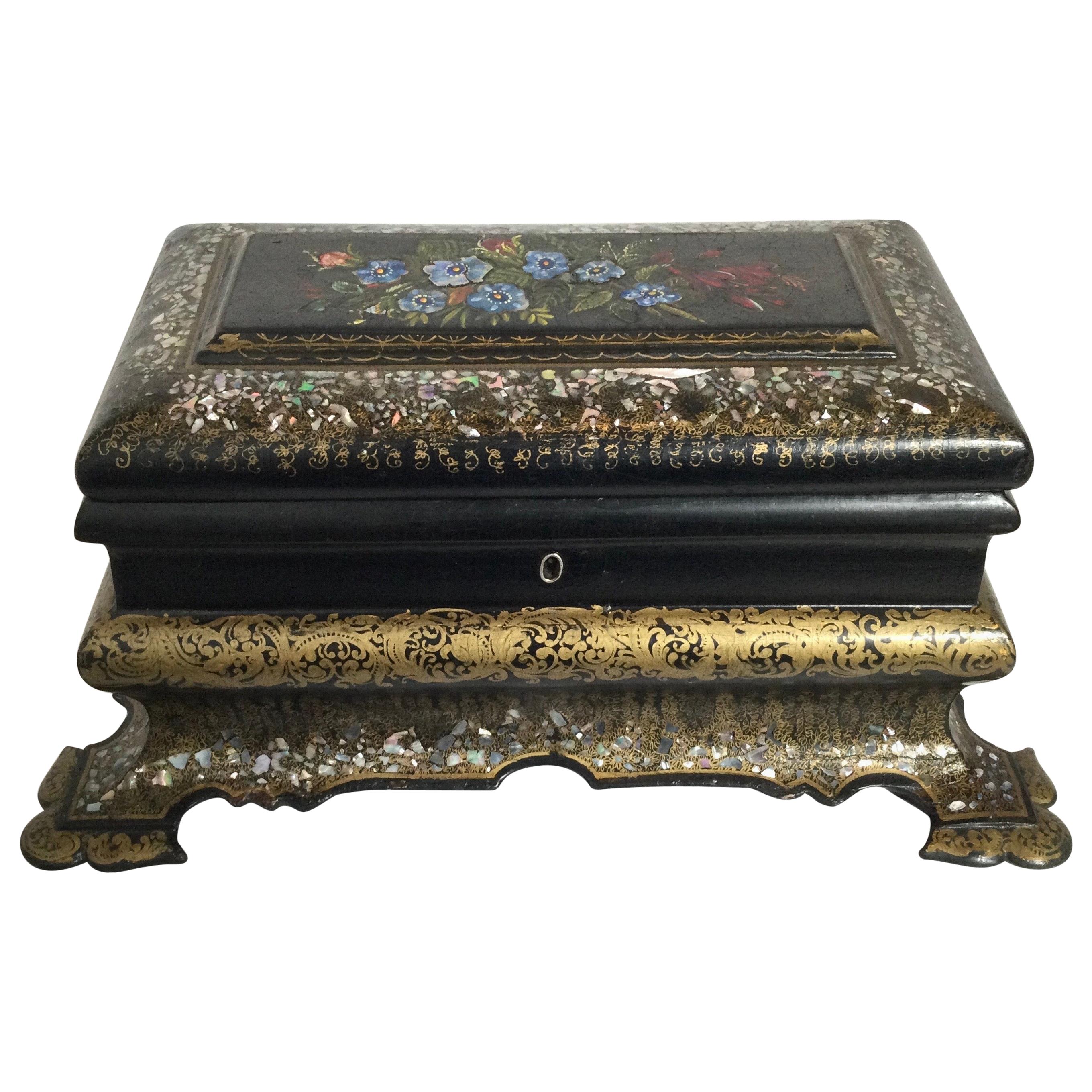 Victorian Gilt and Painted Paper Mâché with Mother of Pearl Tea Caddy