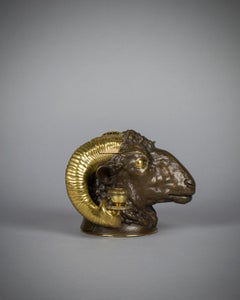 Victorian Gilt and Patinated Bronze Ram's Head Inkwell, 19th Century