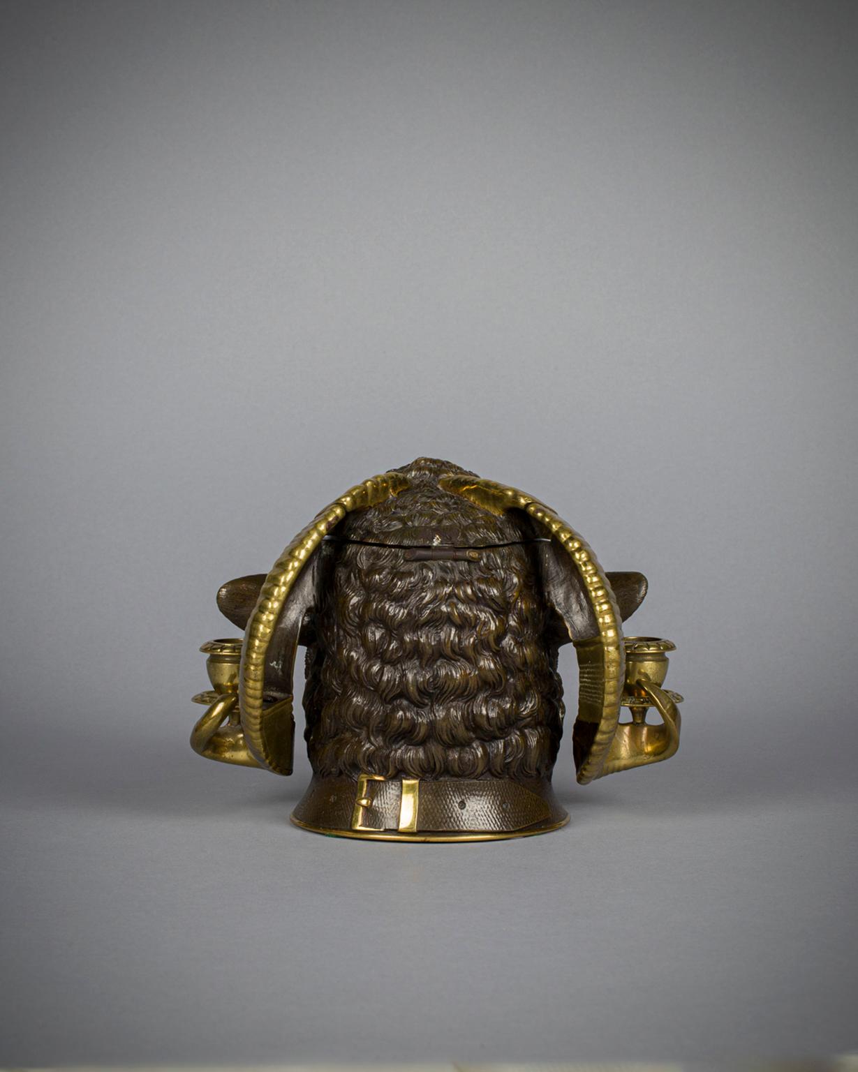 Victorian Gilt and Patinated Bronze Ram's Head Inkwell, 19th Century In Good Condition For Sale In New York, NY