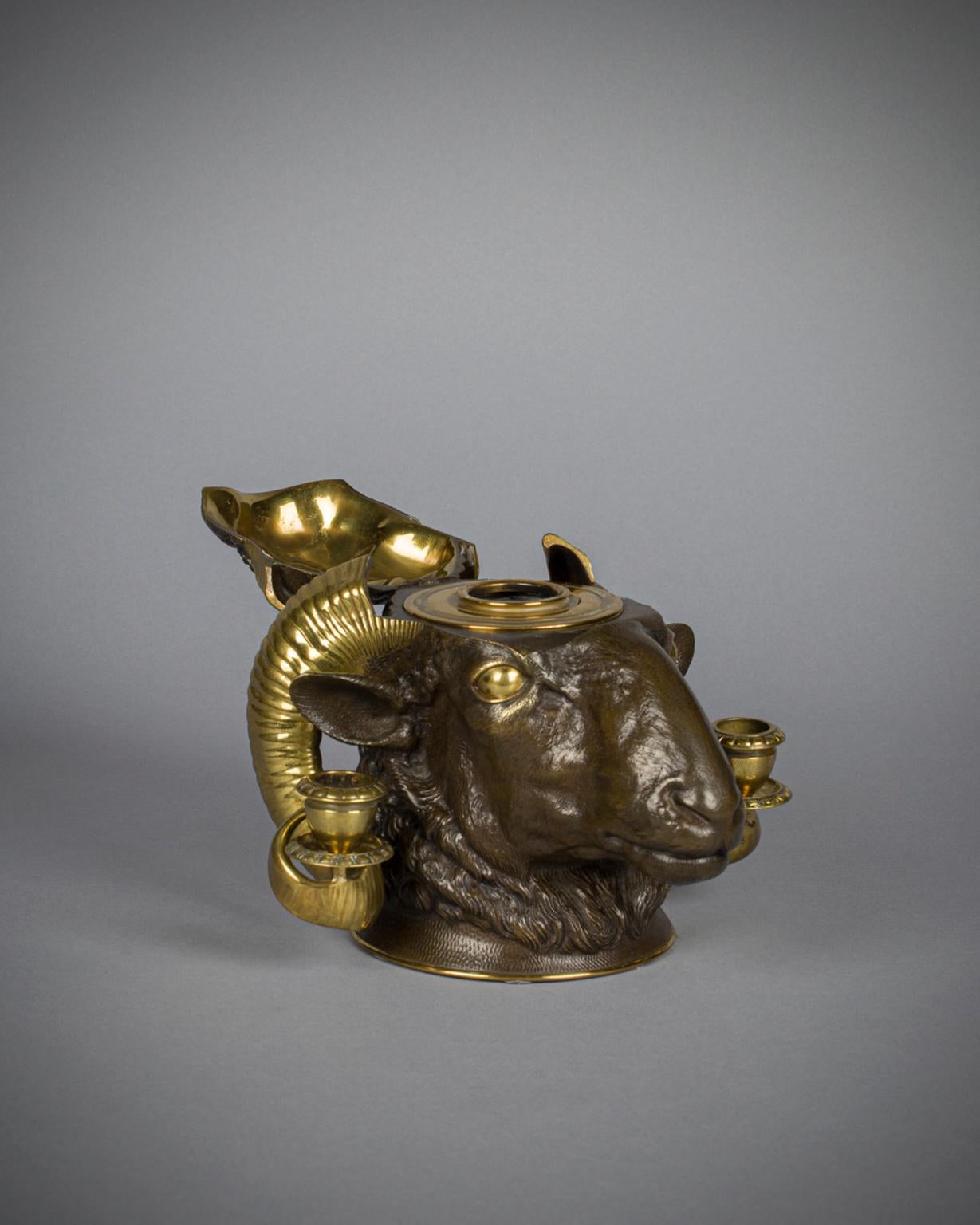 Victorian Gilt and Patinated Bronze Ram's Head Inkwell, 19th Century For Sale 1