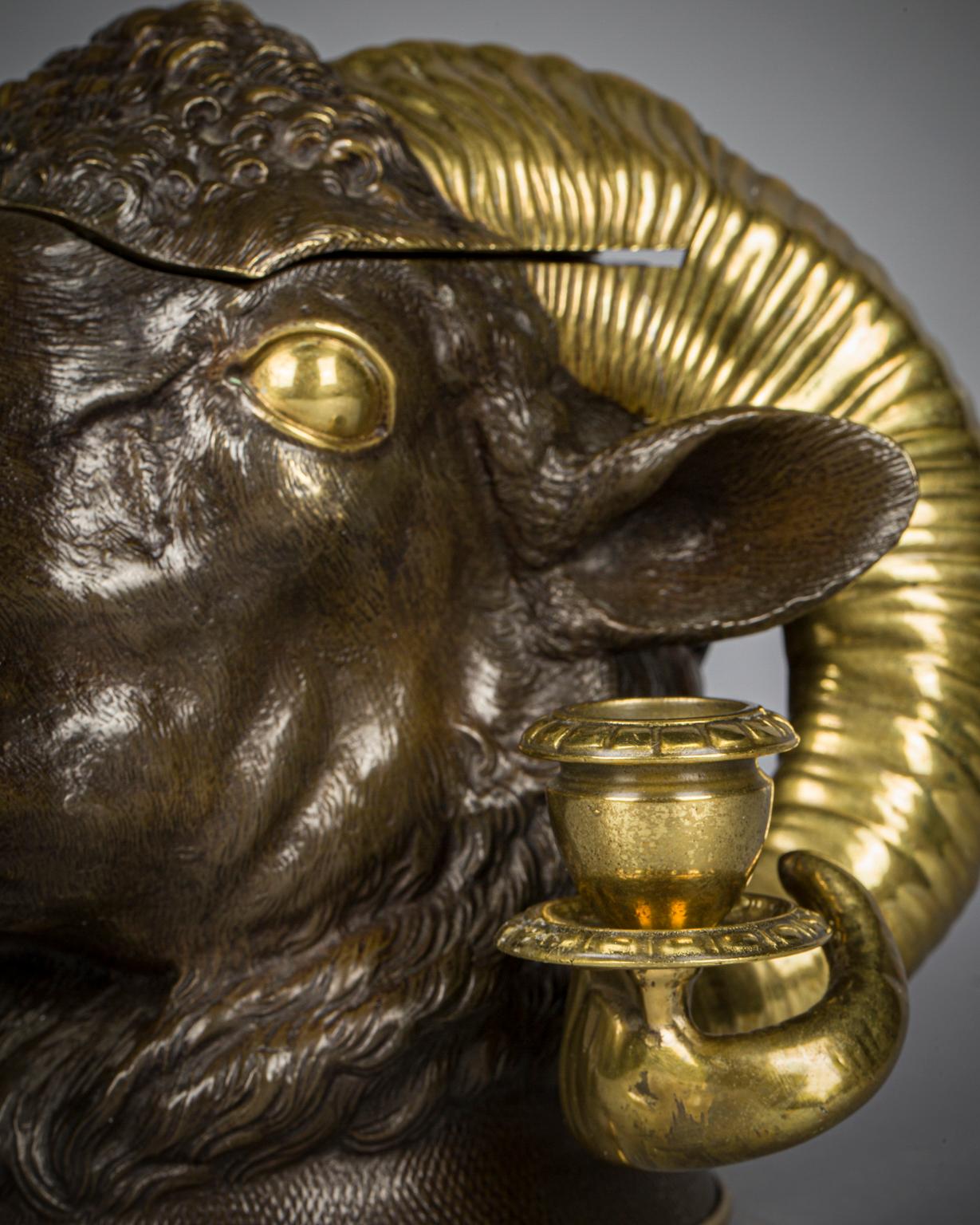 Victorian Gilt and Patinated Bronze Ram's Head Inkwell, 19th Century For Sale 2