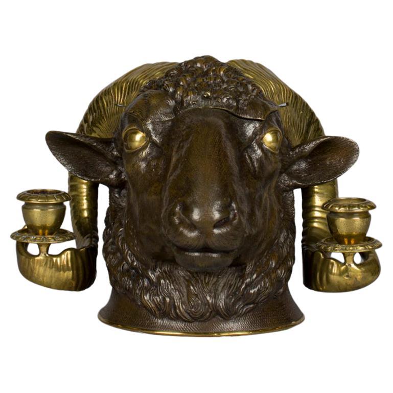 Victorian Gilt and Patinated Bronze Ram's Head Inkwell, 19th Century For Sale