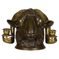 Antique Victorian Gilt and Patinated Bronze Ram's Head Inkwell, 19th Century
