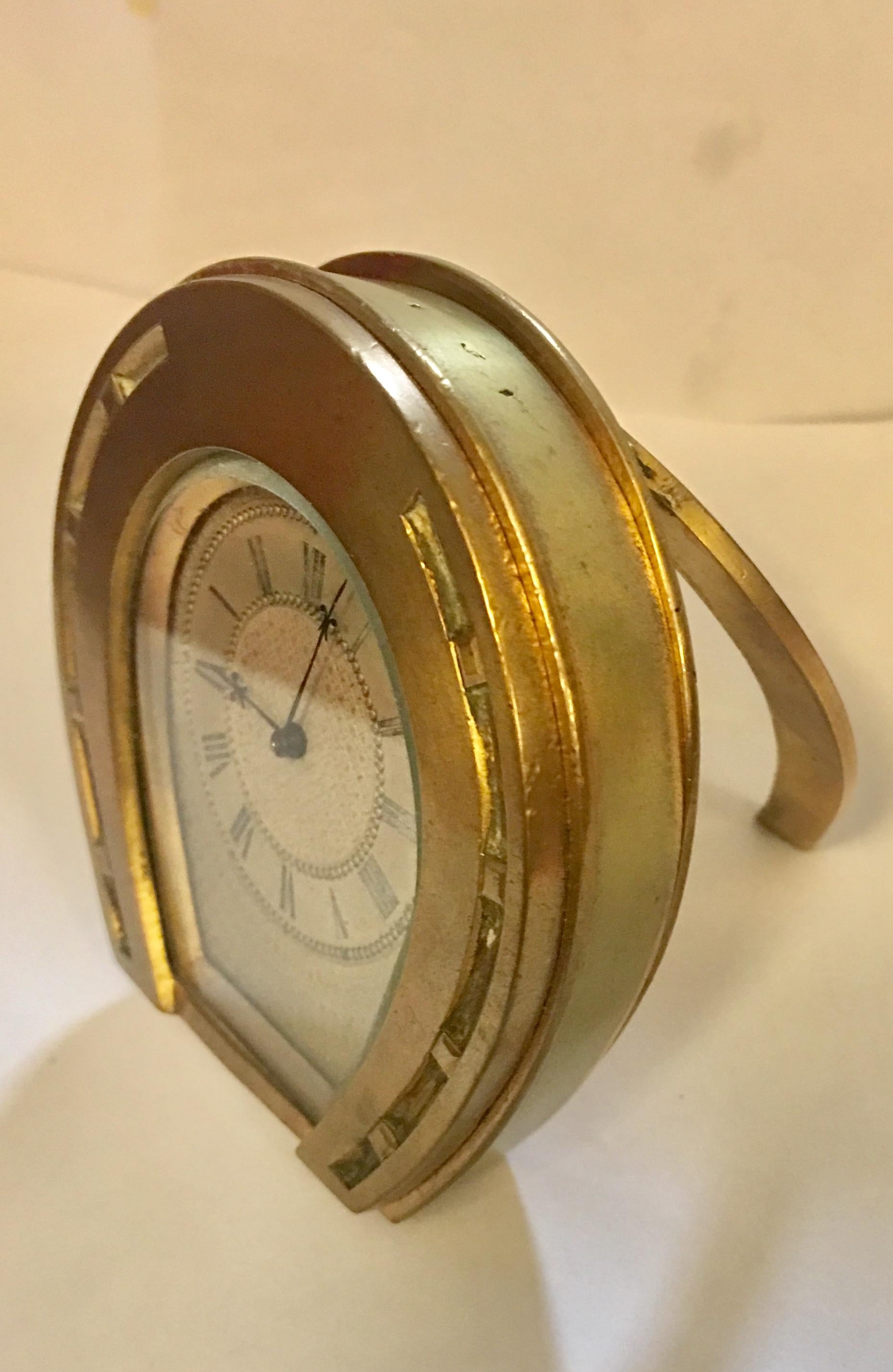 European 19th Century Gilt Brass Horseshoe Strut Clock with Silvered Dial in Stock 