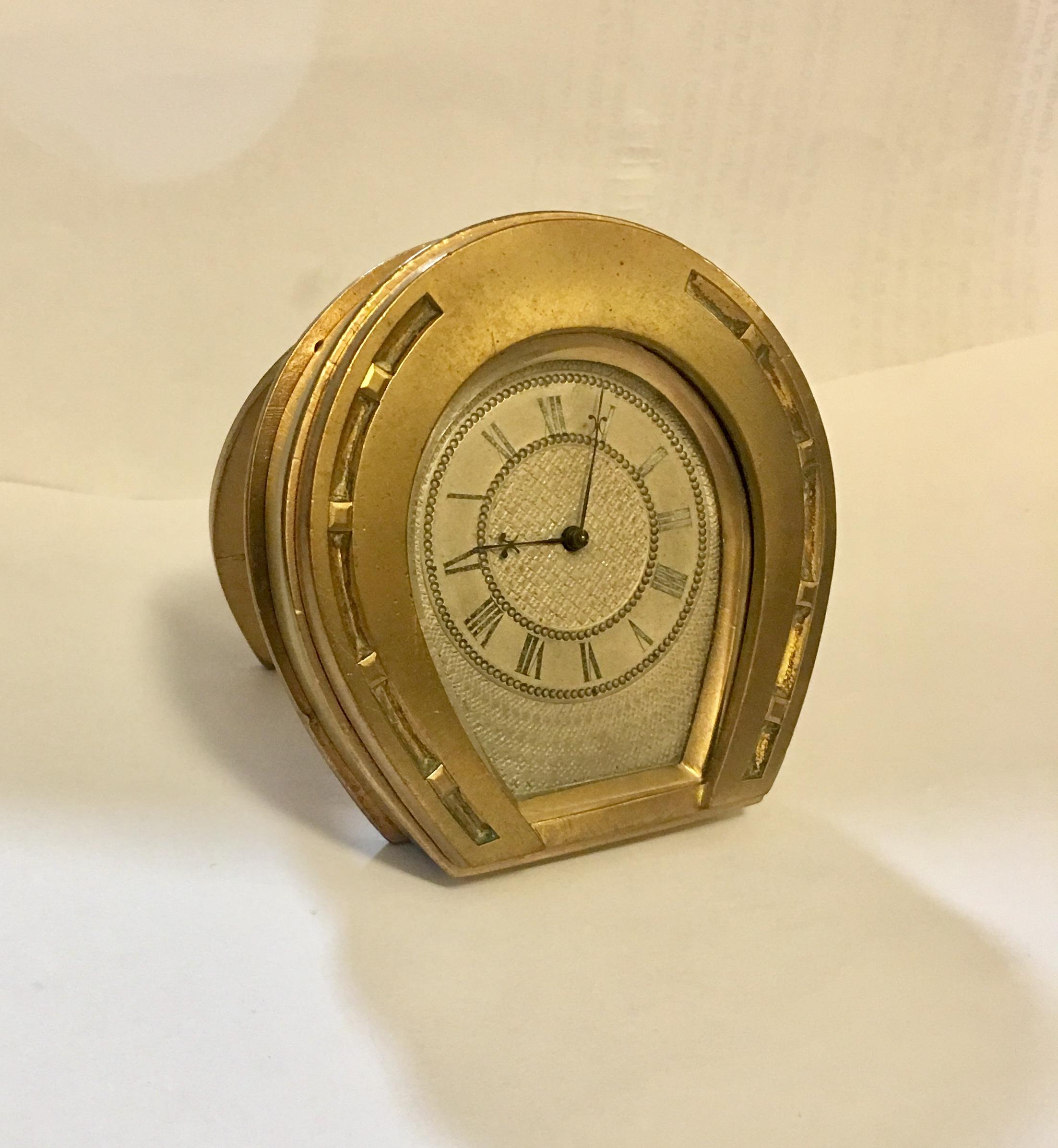 19th Century Gilt Brass Horseshoe Strut Clock with Silvered Dial in Stock  In Good Condition In London, Nottinghill