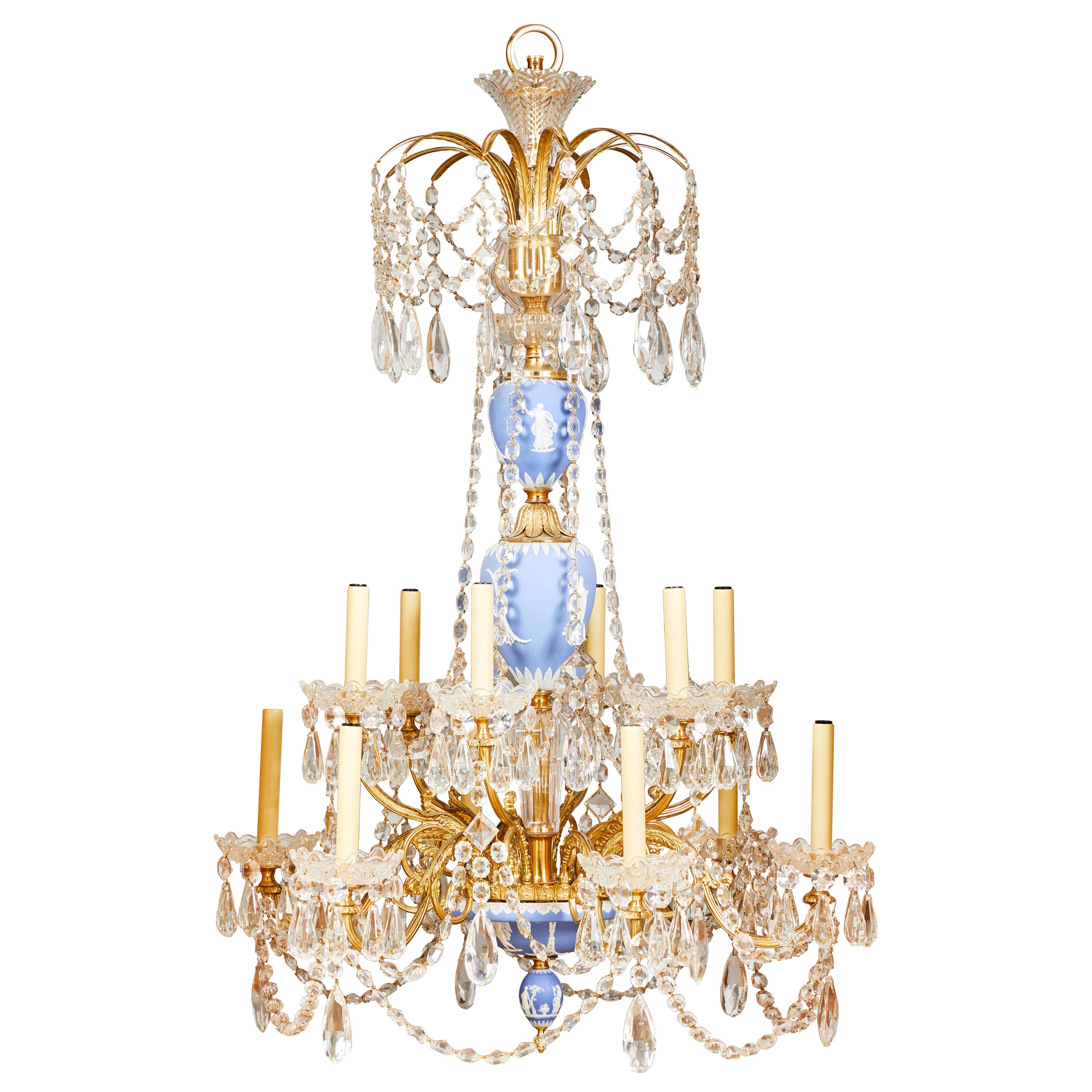 Victorian Gilt Bronze-Mounted Wedgewood Jasperware and Cut Crystal Chandelier