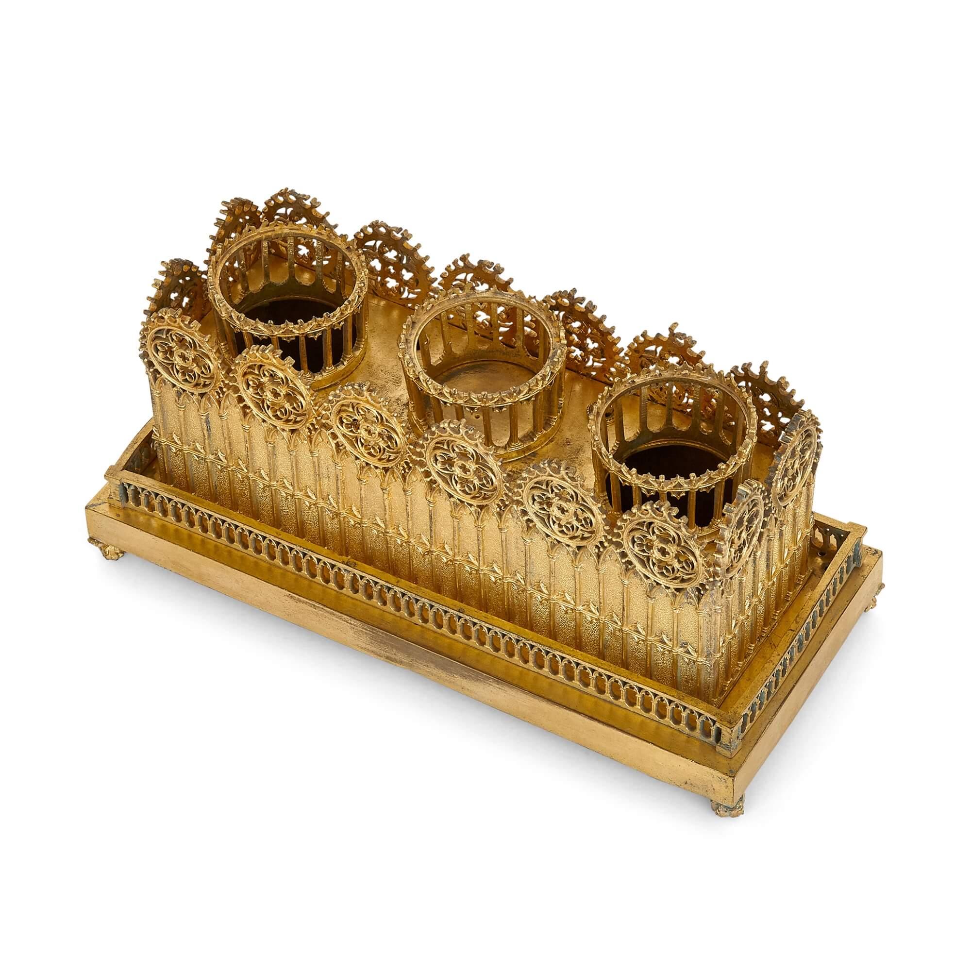 English Victorian gilt inkstand desk set in the Gothic style For Sale