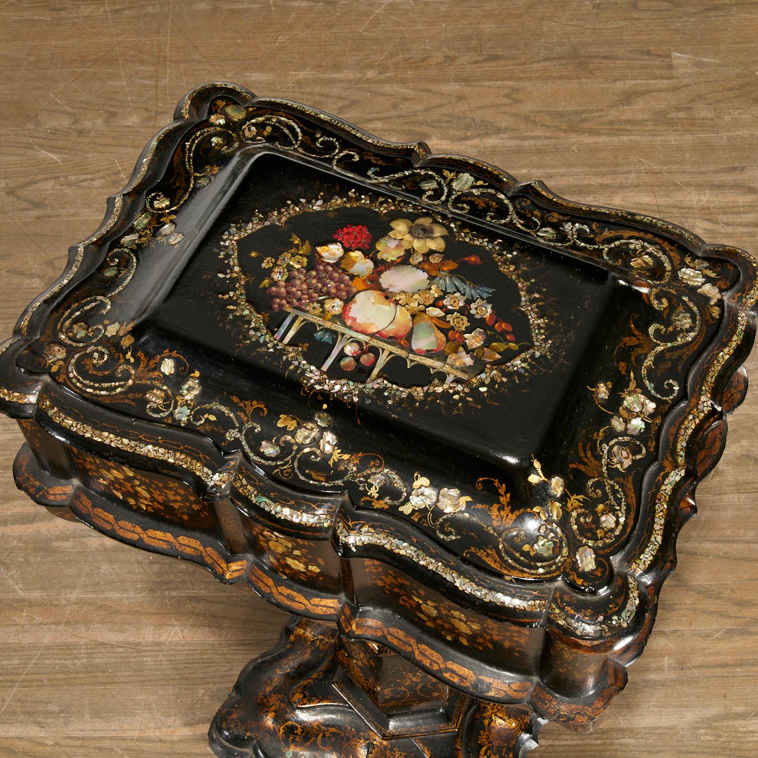 English Victorian Gilt, Mother-of-Pearl Inlaid Papier-Mâché Sewing Stand, Ex Christie's For Sale
