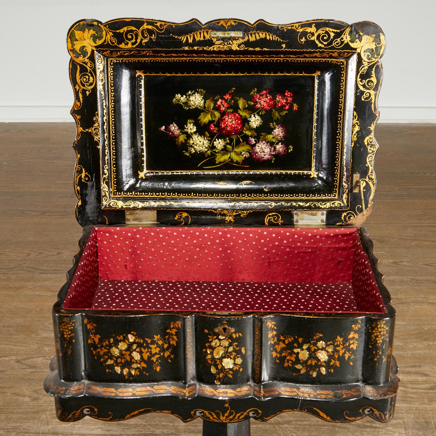 Victorian Gilt, Mother-of-Pearl Inlaid Papier-Mâché Sewing Stand, Ex Christie's In Good Condition For Sale In Morristown, NJ