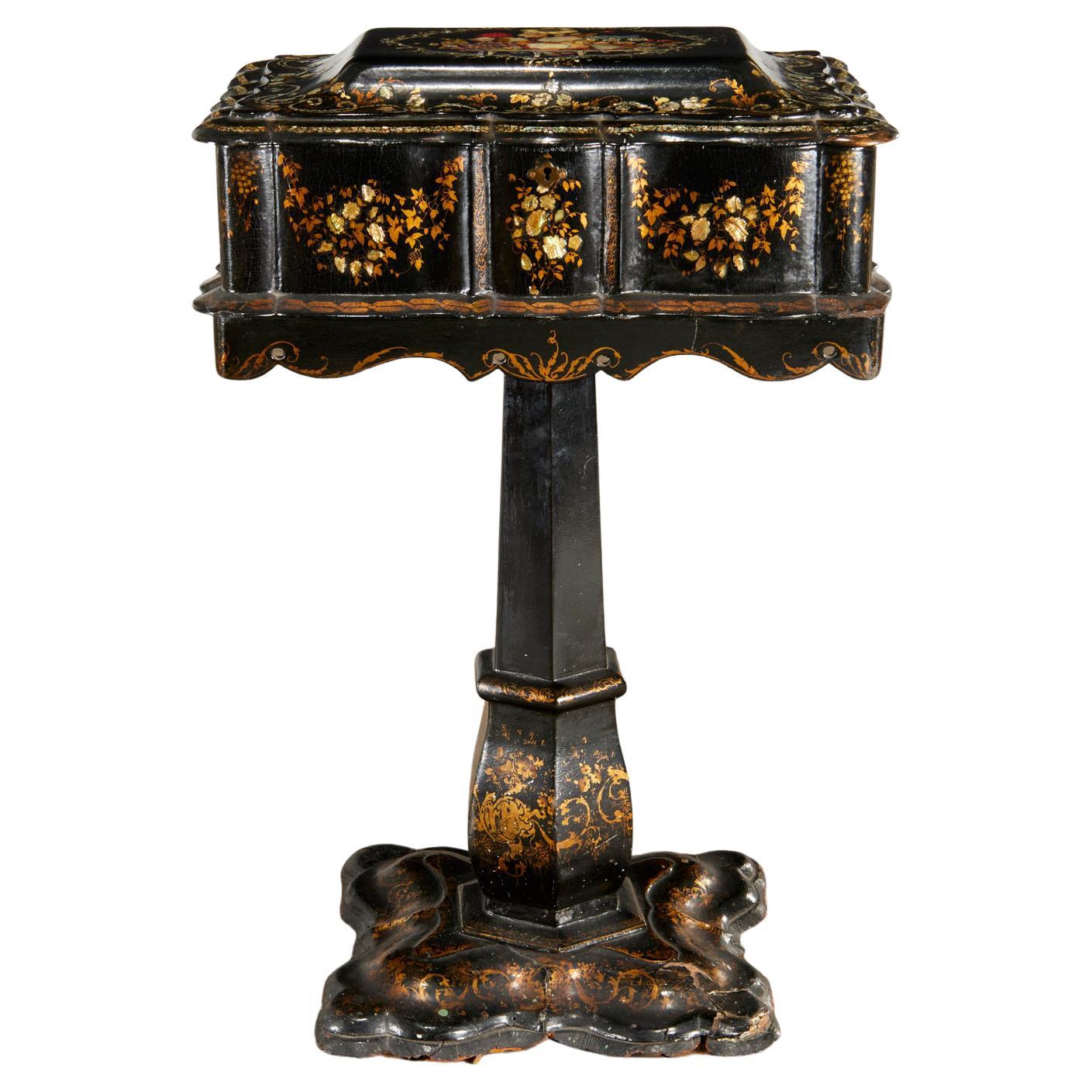 Victorian Gilt, Mother-of-Pearl Inlaid Papier-Mâché Sewing Stand, Ex Christie's For Sale