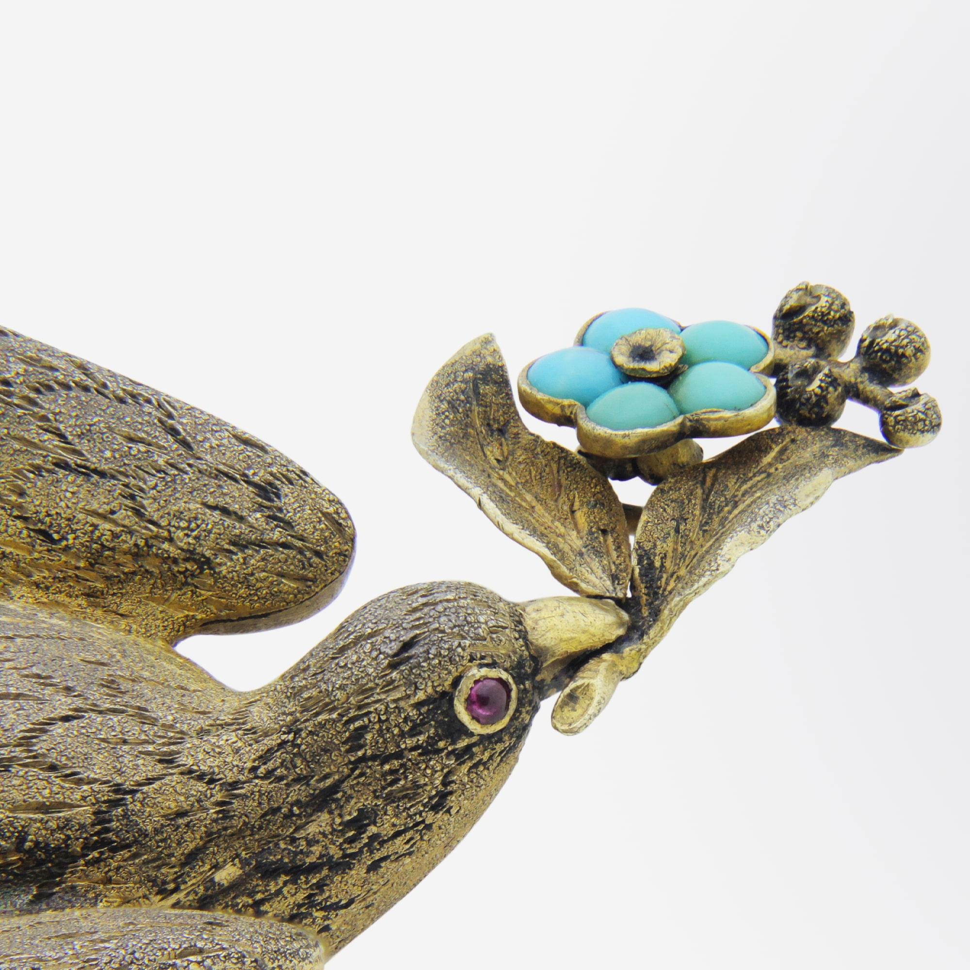 Cabochon Victorian, Gilt Silver, Turquoise, and Ruby Dove Brooch