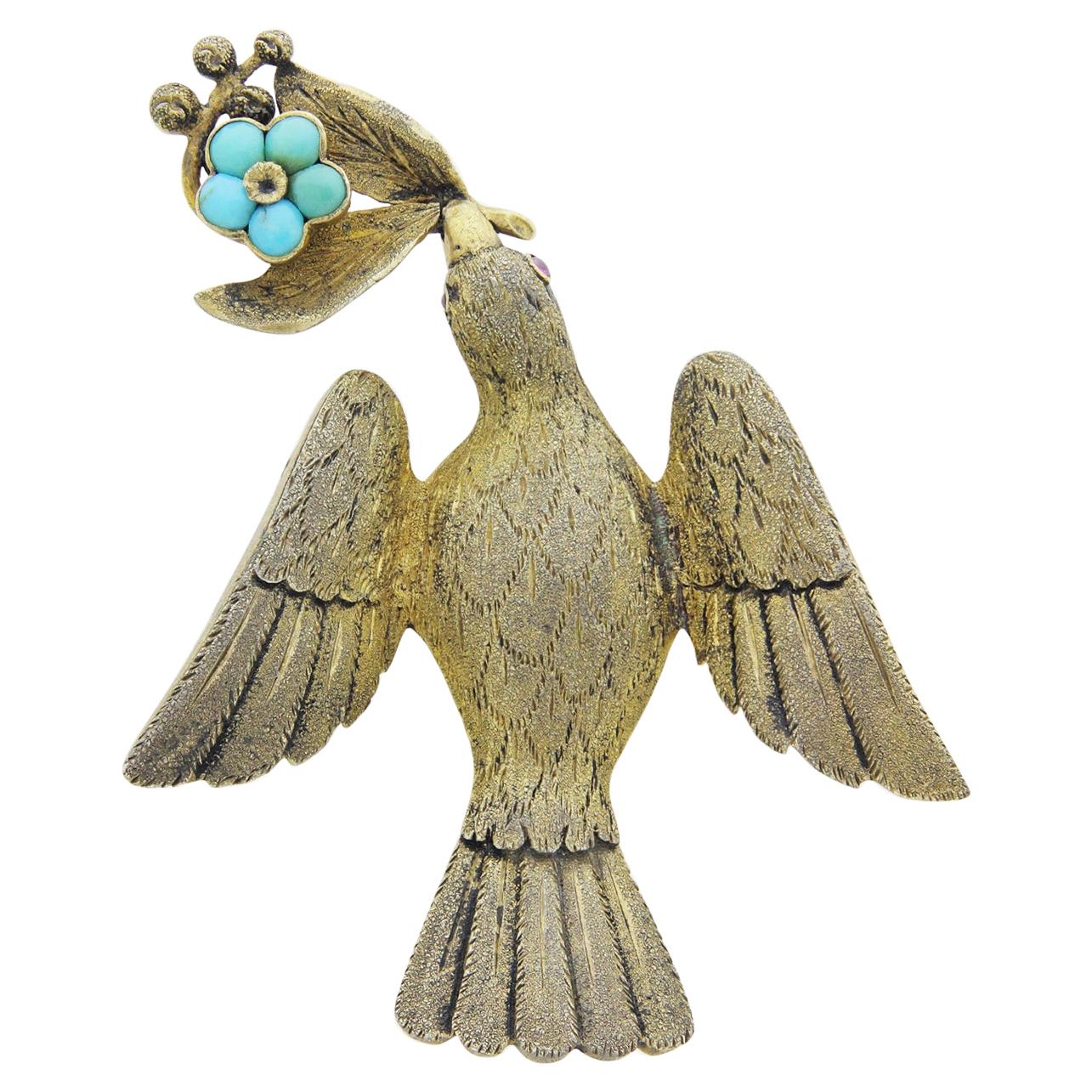 Victorian, Gilt Silver, Turquoise, and Ruby Dove Brooch