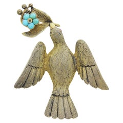 Antique Victorian, Gilt Silver, Turquoise, and Ruby Dove Brooch