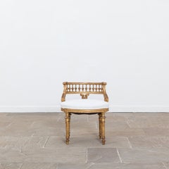 Victorian Giltwood Music Chair, Newly Upholstered in White Linen