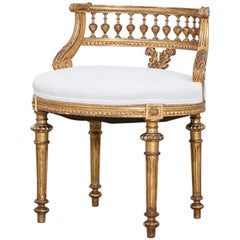 Victorian Giltwood Music Chair, Newly Upholstered in White Linen