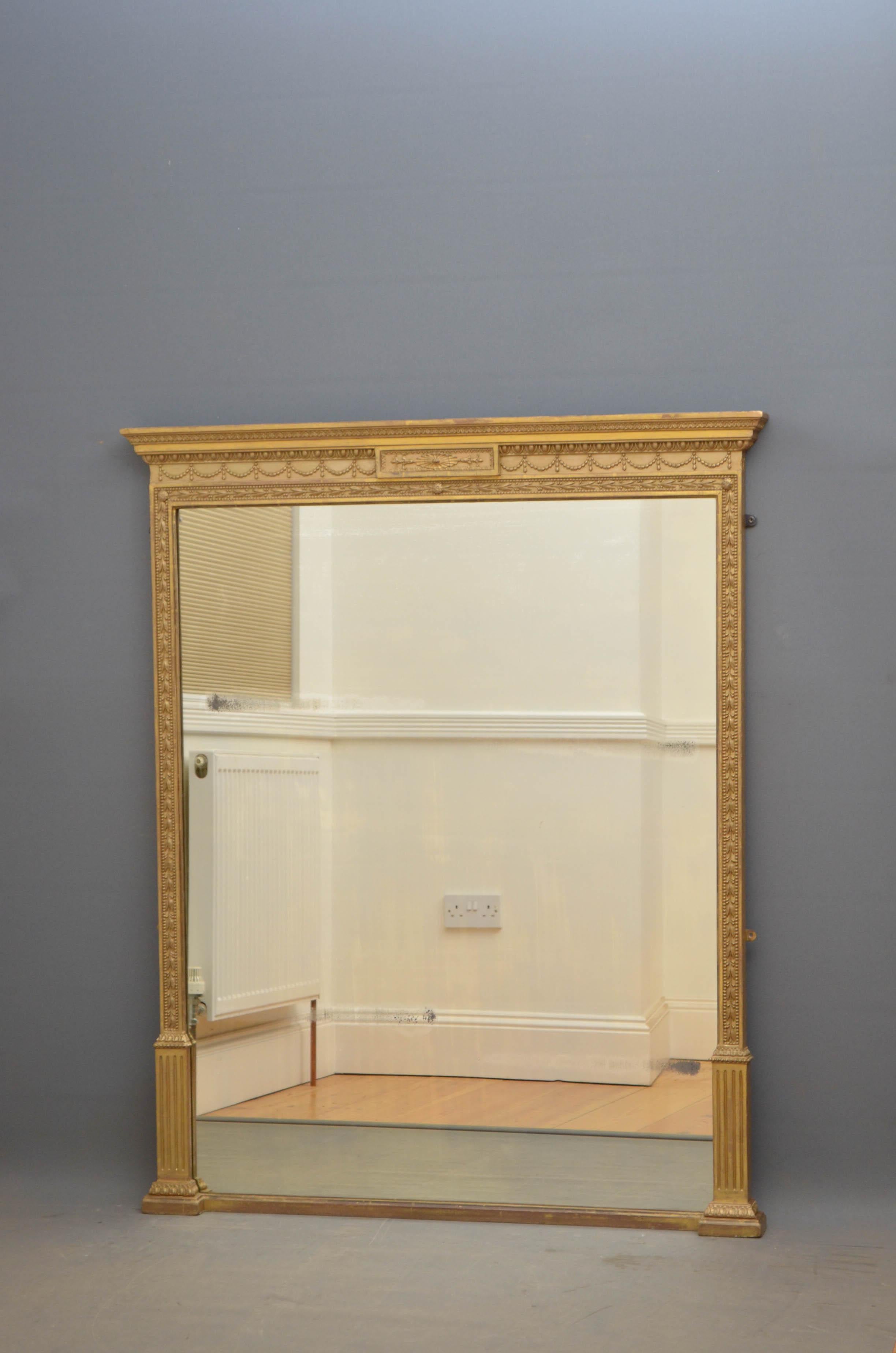 Sn4722 Victorian gilt wall mirror, having original mirror plate with foxing in beautifully decorated giltwood frame. 
This antique mirror retains its original glass, gilt and panelled backboards, all in home ready condition. c1880 
H54