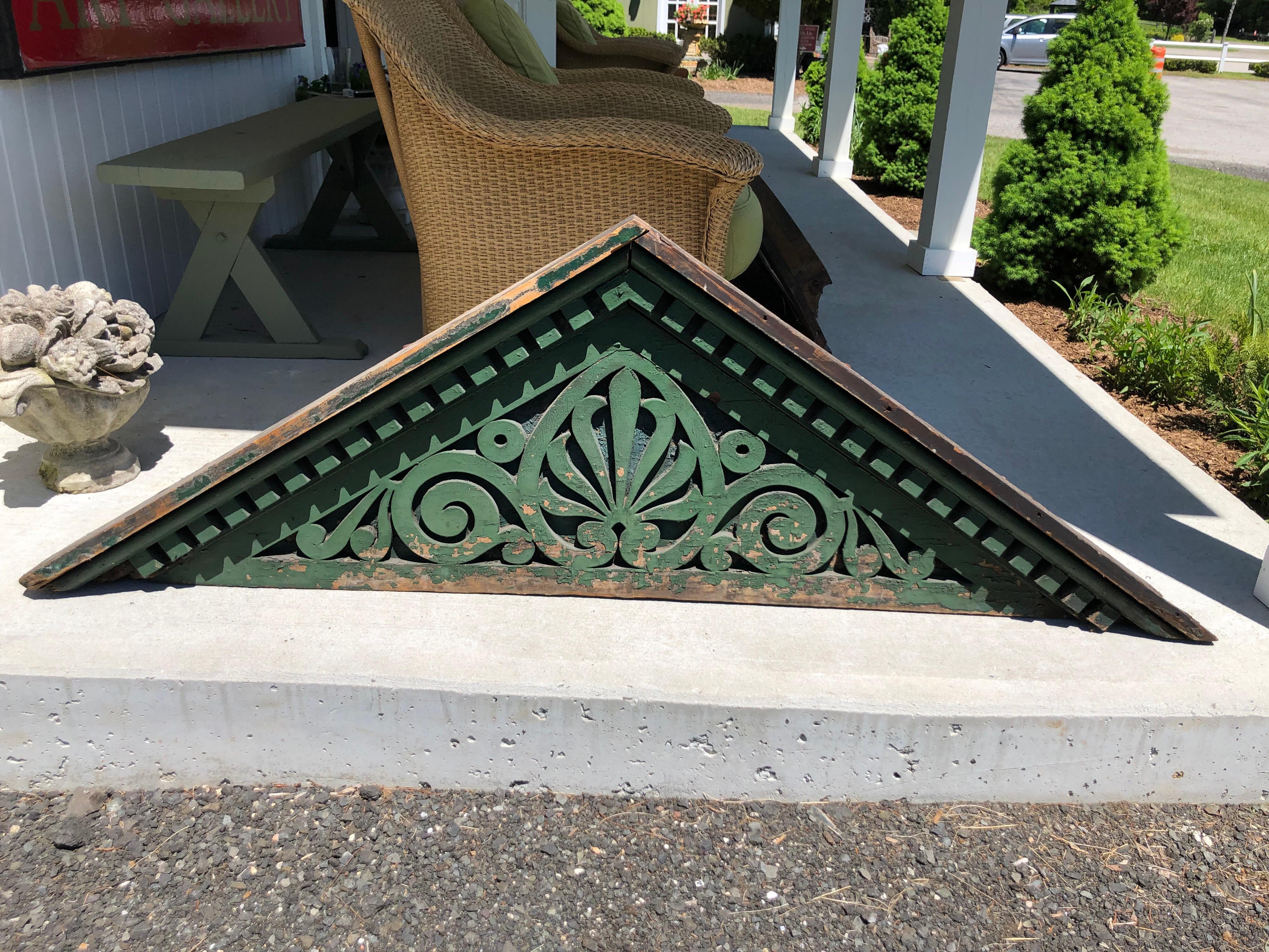 Large Victorian Gingerbread Architectural fragment in green. Amazing piece most likely from the crest of a Victorian home. Easily sand to get a raw wood finish or paint over any color you want. Wired and ready to hang. Circa 1860-1880