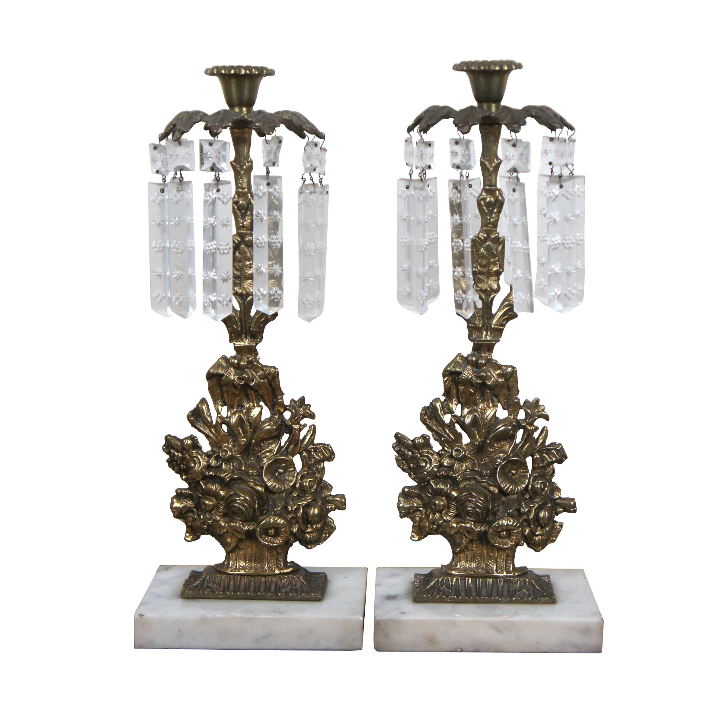 Victorian Girandole Gilt Bronze Marble Drop Crystal Candelabra Candle Holders In Good Condition In Dayton, OH
