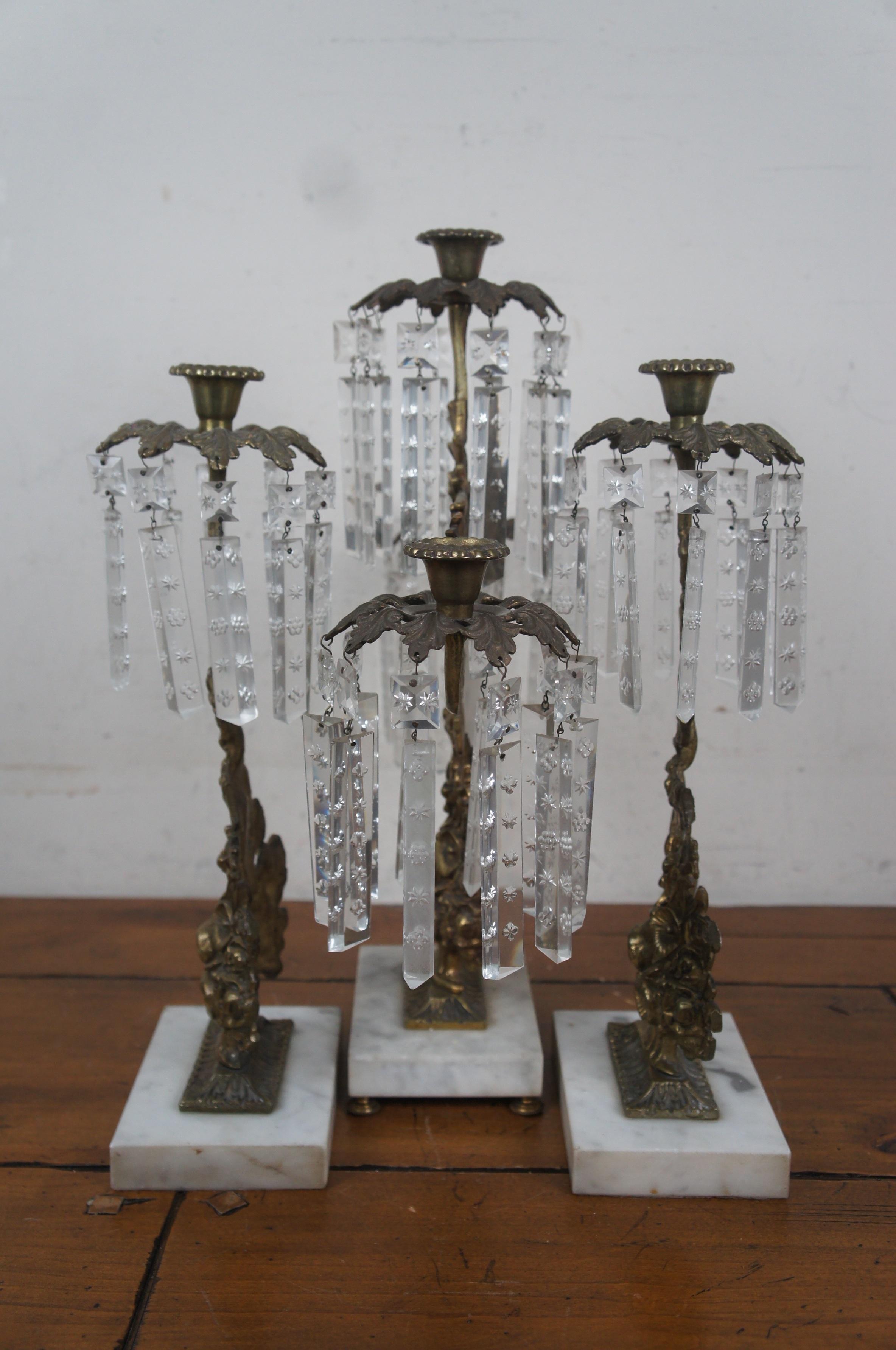 Victorian Girandole Gilt Bronze Marble Drop Crystal Candelabra Candle Holders 3