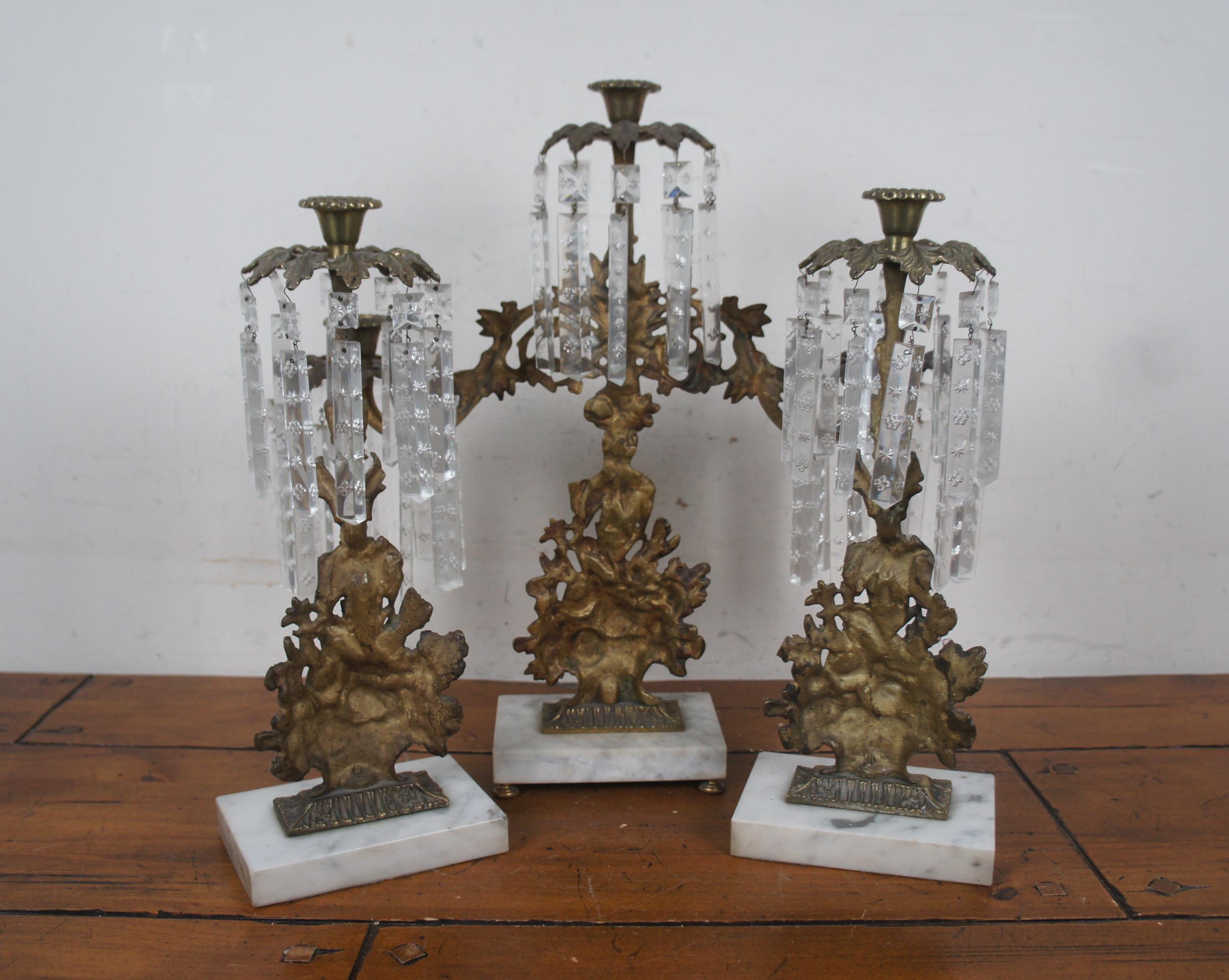 Victorian Girandole Gilt Bronze Marble Drop Crystal Candelabra Candle Holders 4