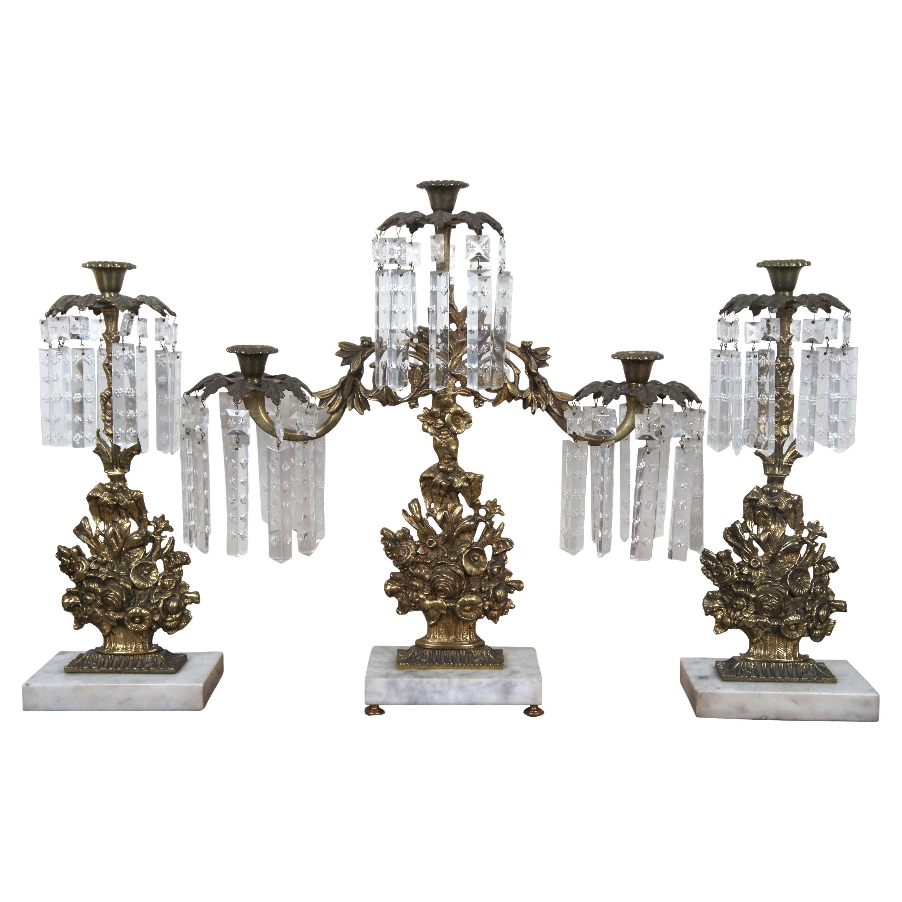 Victorian Girandole Gilt Bronze Marble Drop Crystal Candelabra Candle Holders