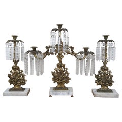 Antique Victorian Girandole Gilt Bronze Marble Drop Crystal Candelabra Candle Holders