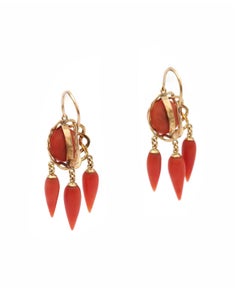 Victorian girandoles coral earrings in 18k gold, french long earrings