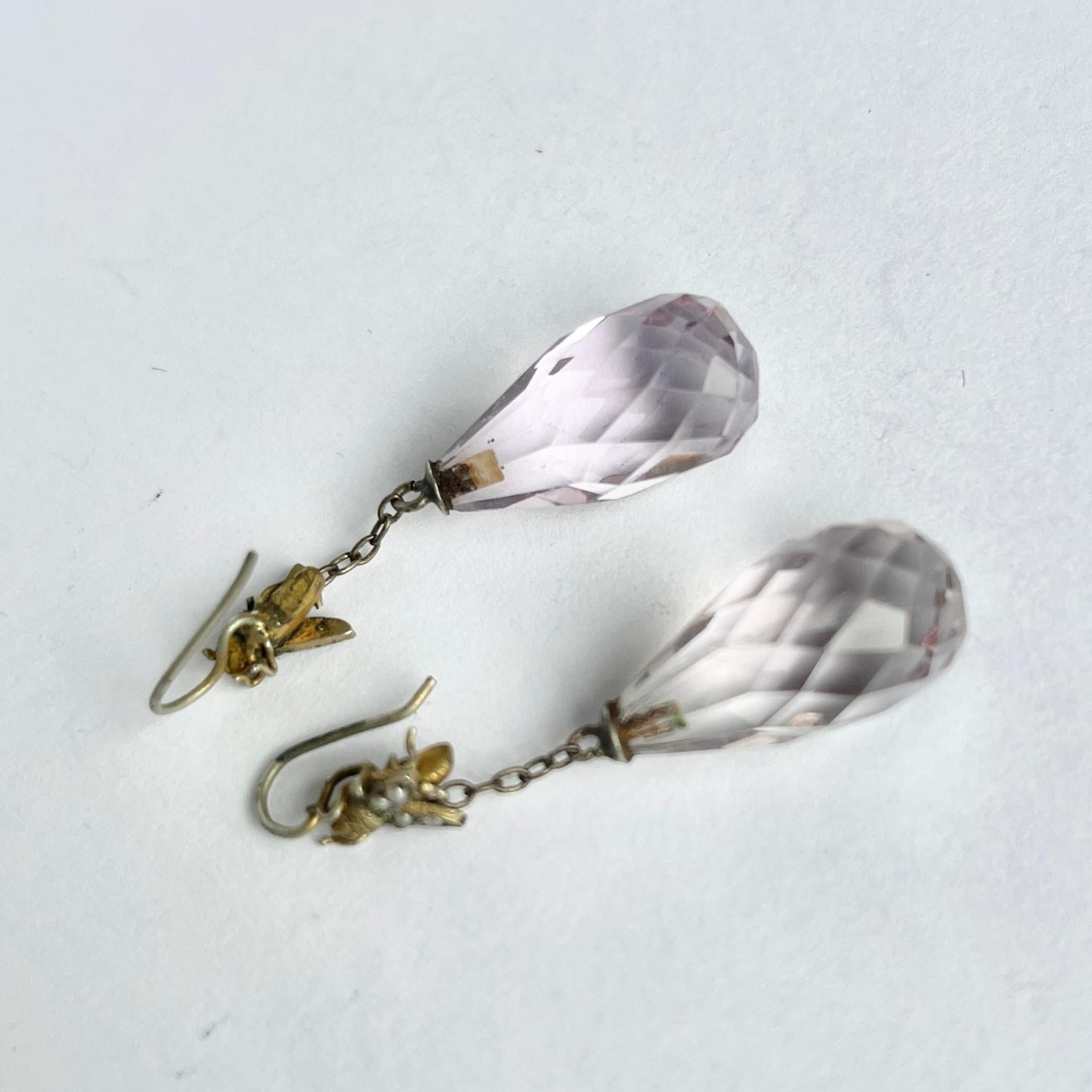 Uncut Victorian Glass and Seed Pearl 9 Carat Gold Fly Detail Earrings