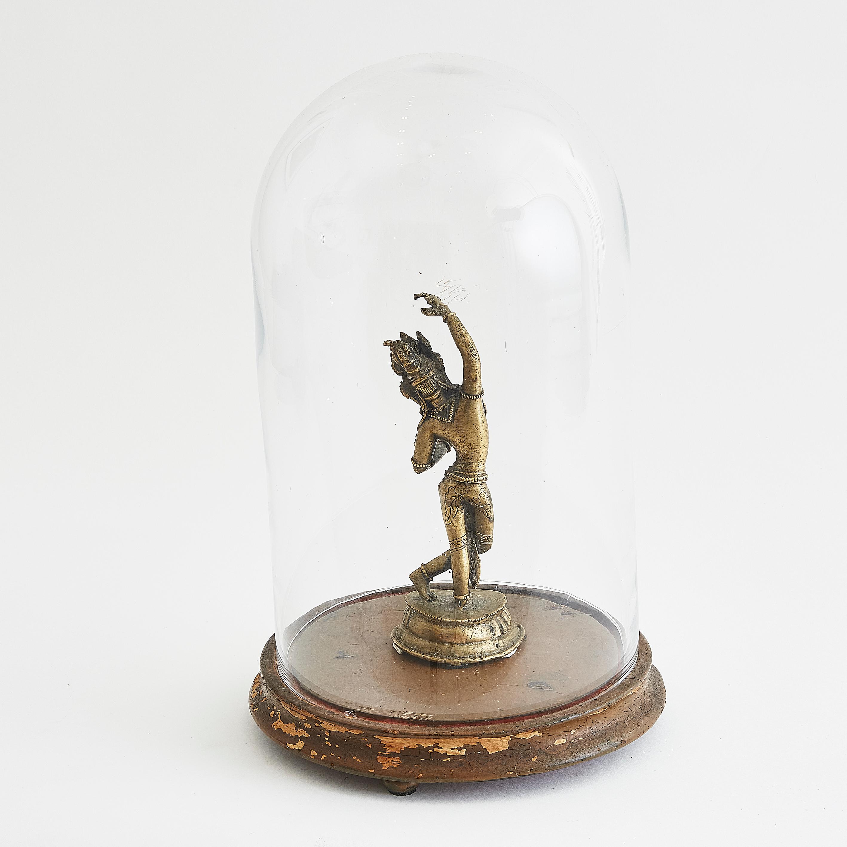 Victorian Glass Dome With Vintage Indian 'Queen Maya' Brass Dancing Figure In Good Condition For Sale In London, GB