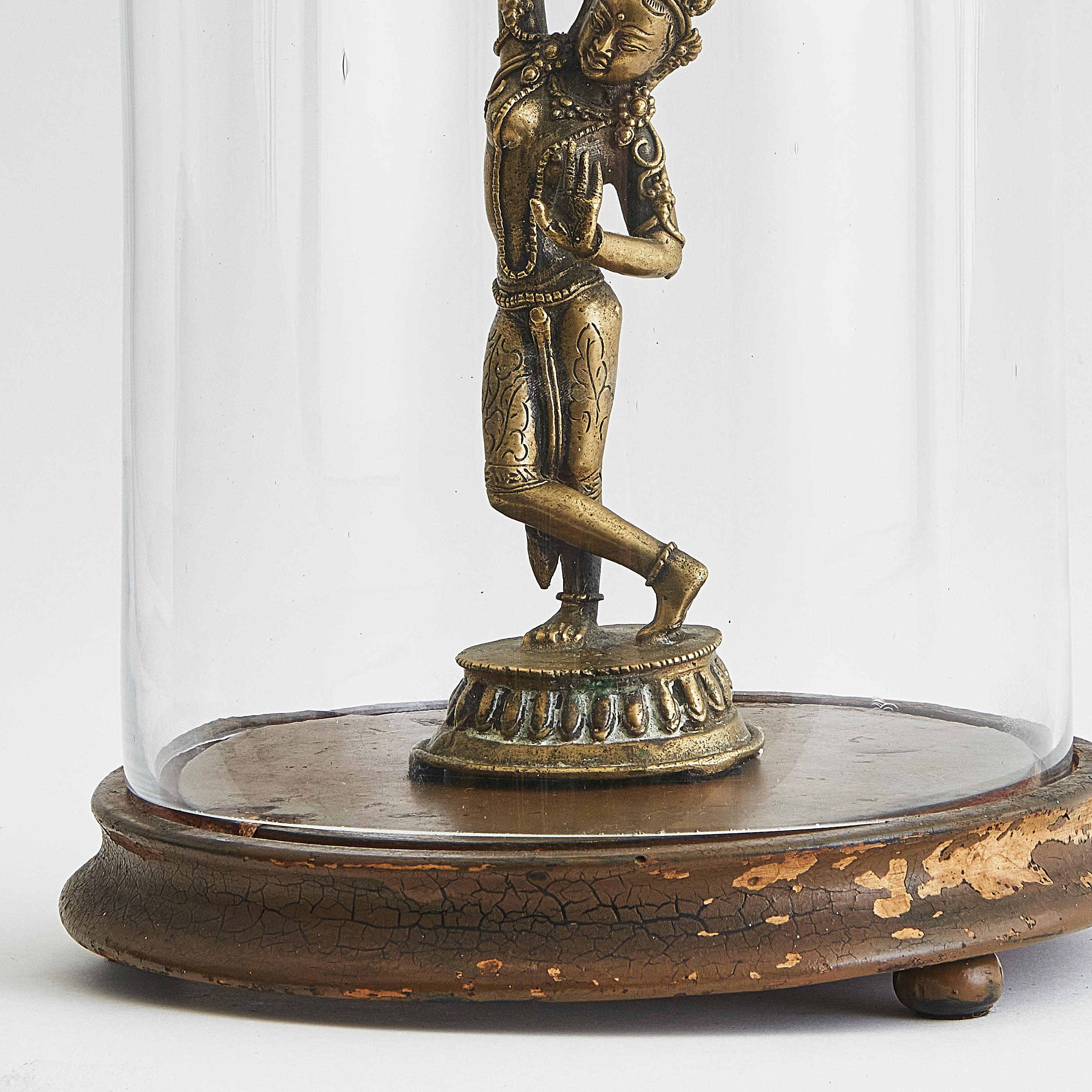 19th Century Victorian Glass Dome With Vintage Indian 'Queen Maya' Brass Dancing Figure For Sale