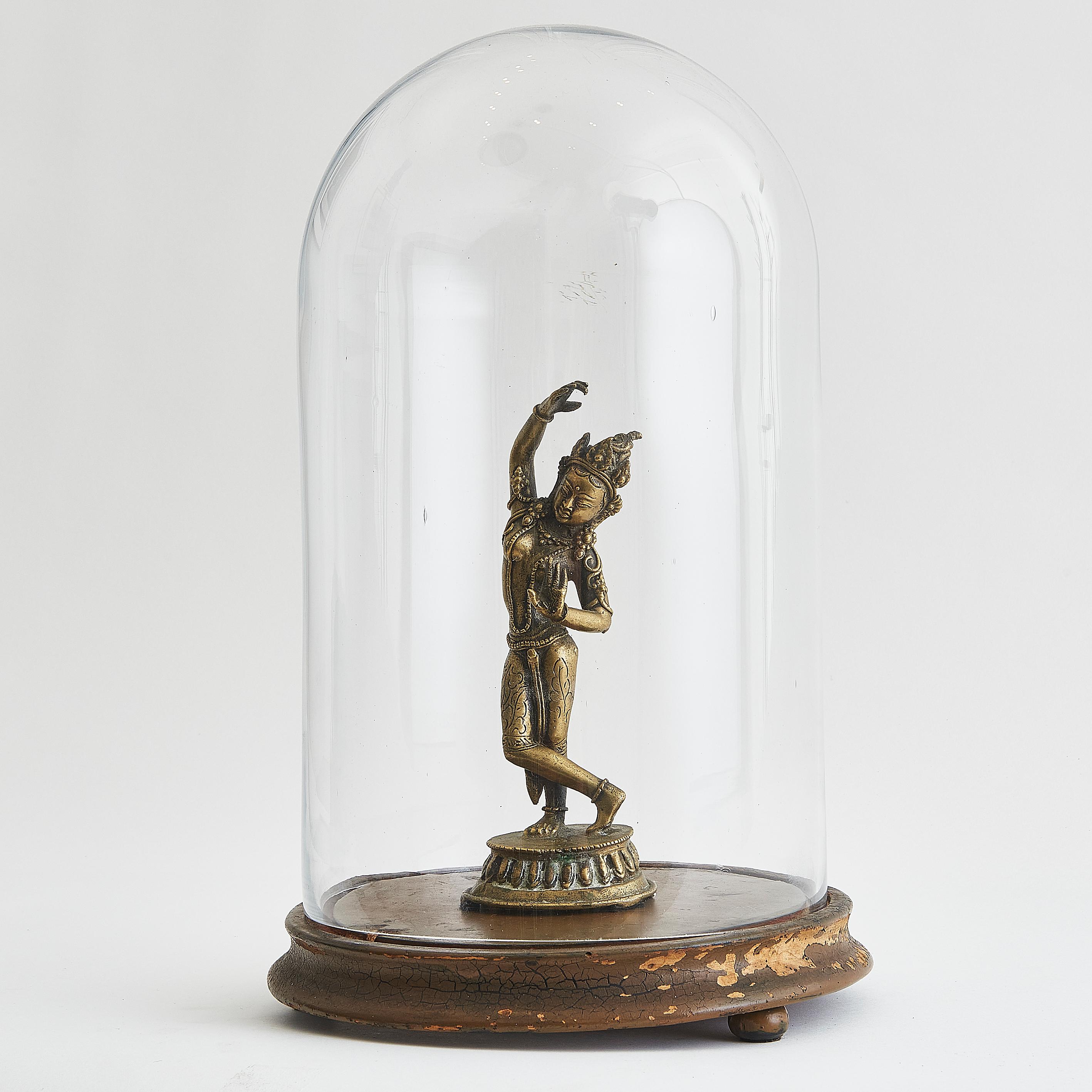 Victorian Glass Dome With Vintage Indian 'Queen Maya' Brass Dancing Figure For Sale 1