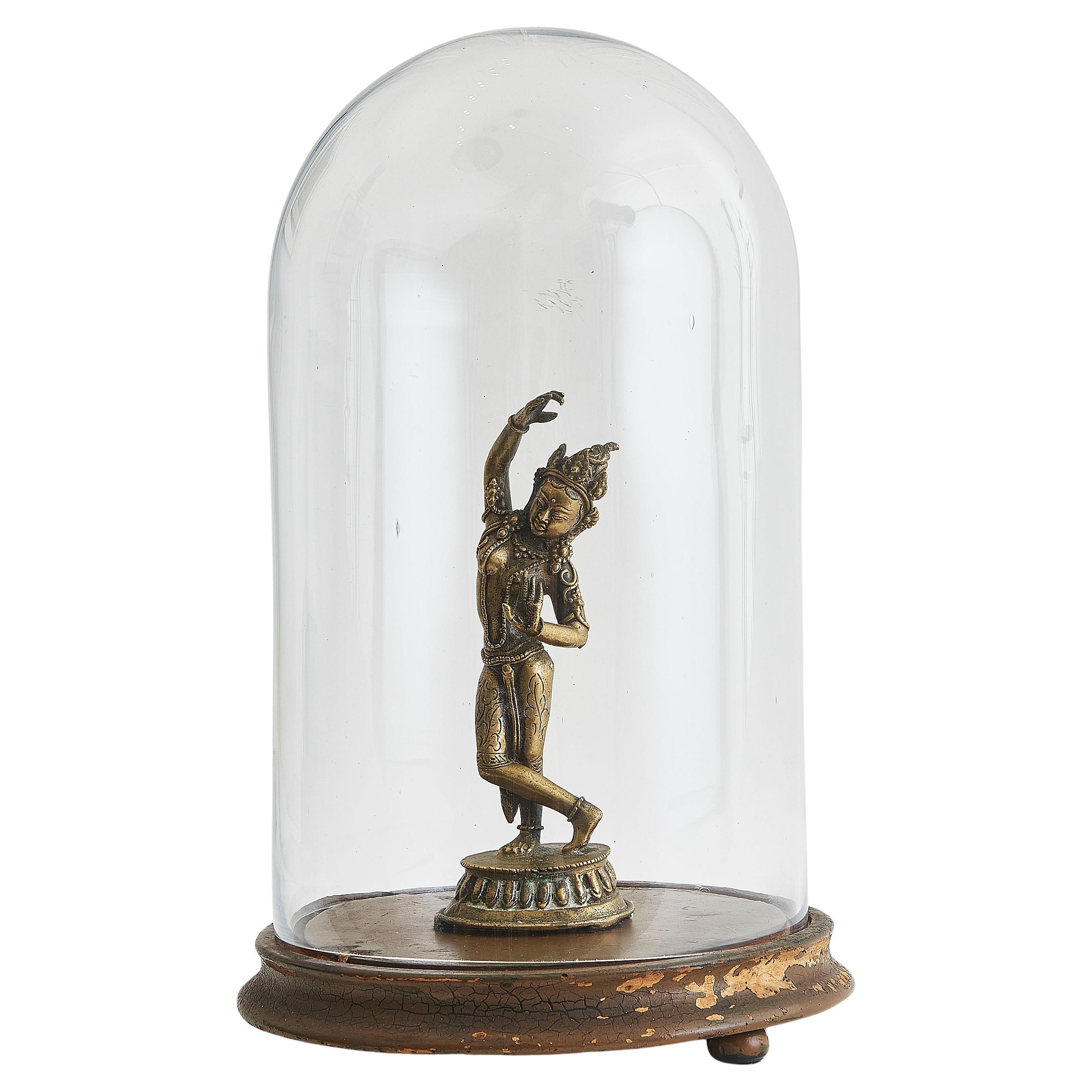 Victorian Glass Dome With Vintage Indian 'Queen Maya' Brass Dancing Figure For Sale